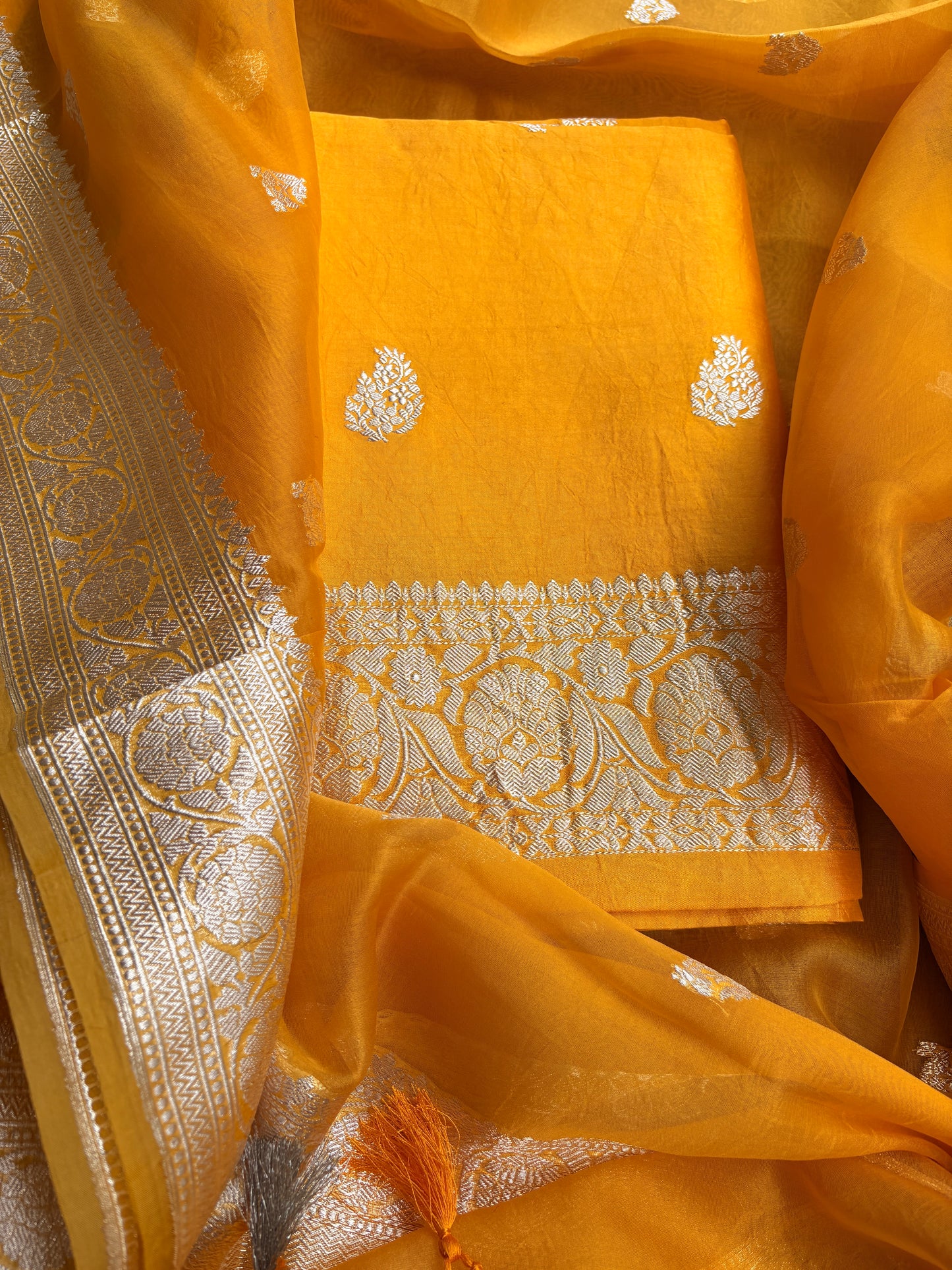 Yellow Chiniya silk silver zari suit set
