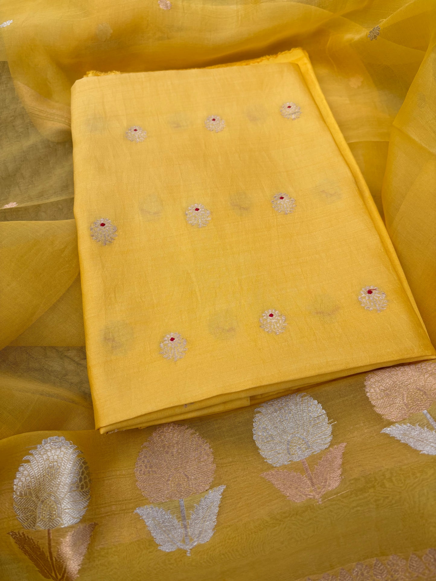 Yellow Chiniya silk kurta, kora silk dupatta , plain bottom