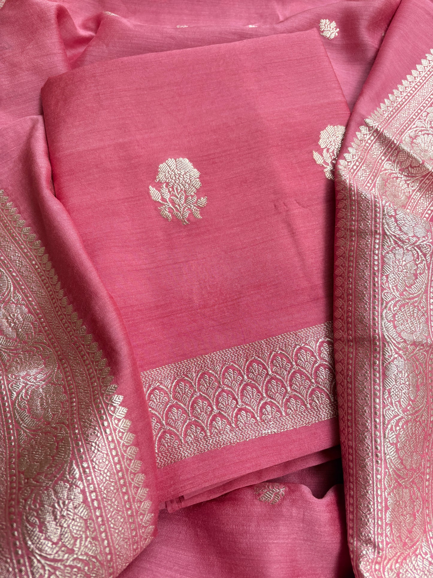 Peach moonga silk silver zari suit set