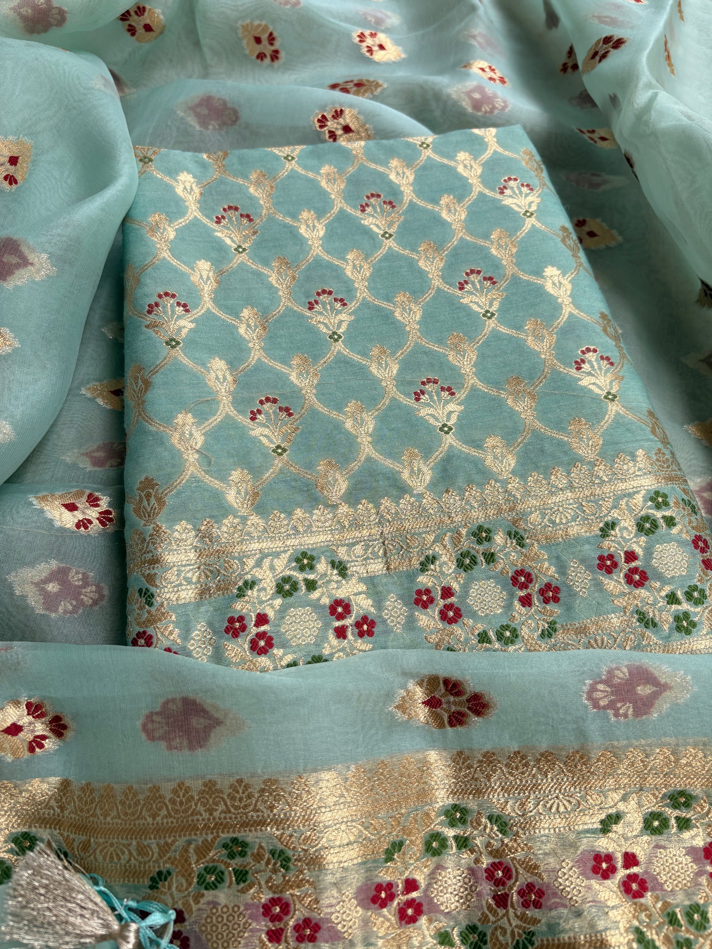 Blue moonga silk kurta, kora silk kadhwa dupatta , plain bottom