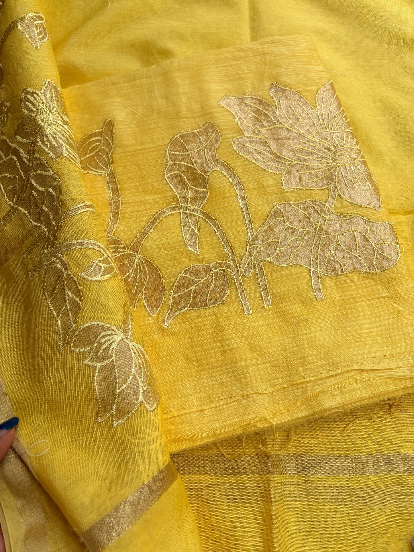 Yellow mul Chanderi appliqué work suit set