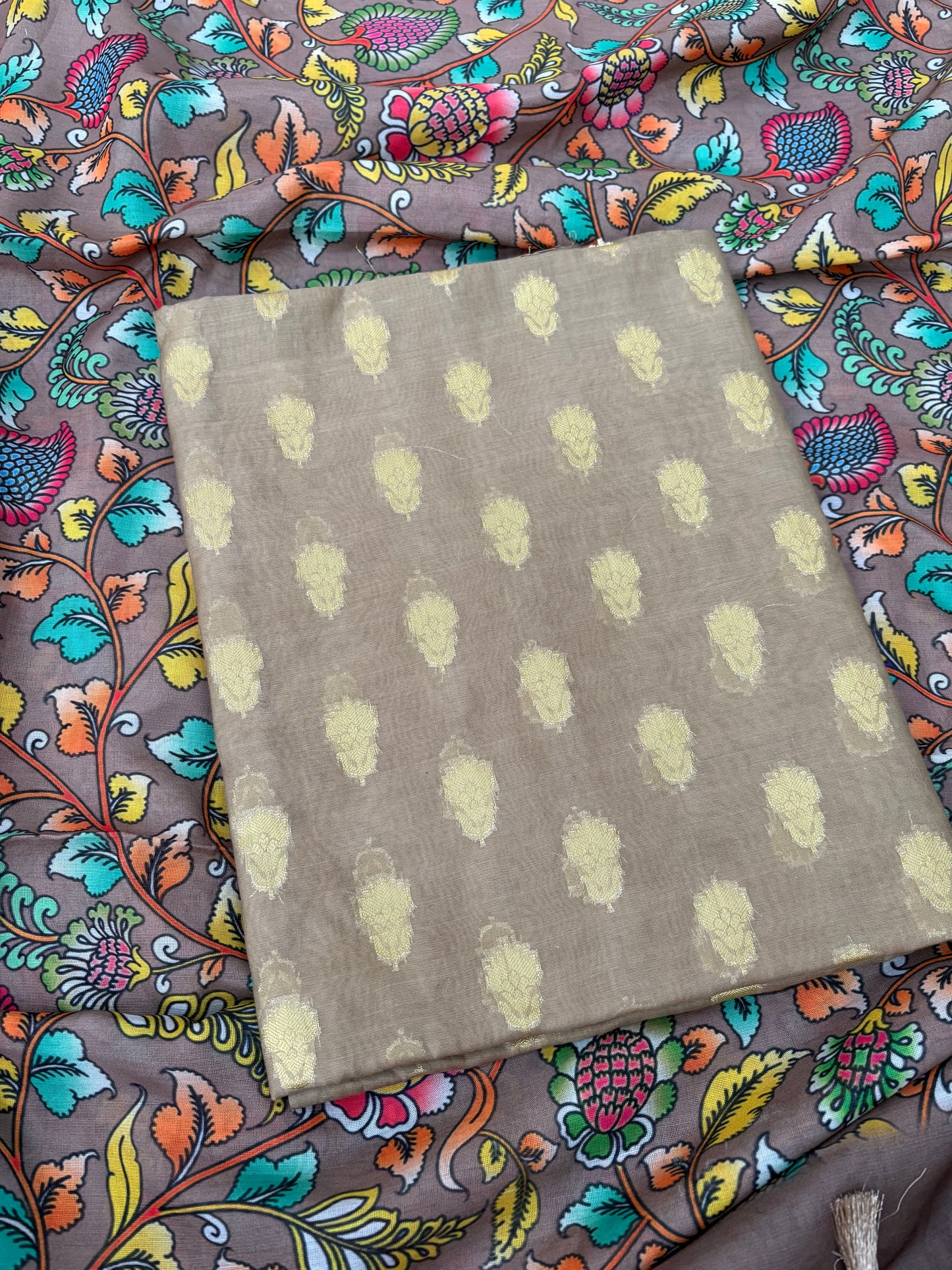 Beige cotton suit with digital printed dupatta