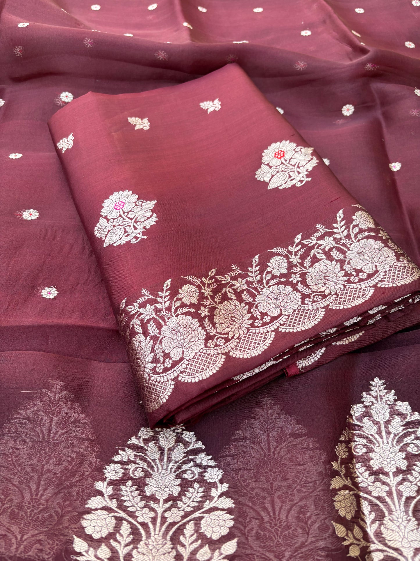 Wine maroon raw mango silk kurta, bottom , kora silk dupatta