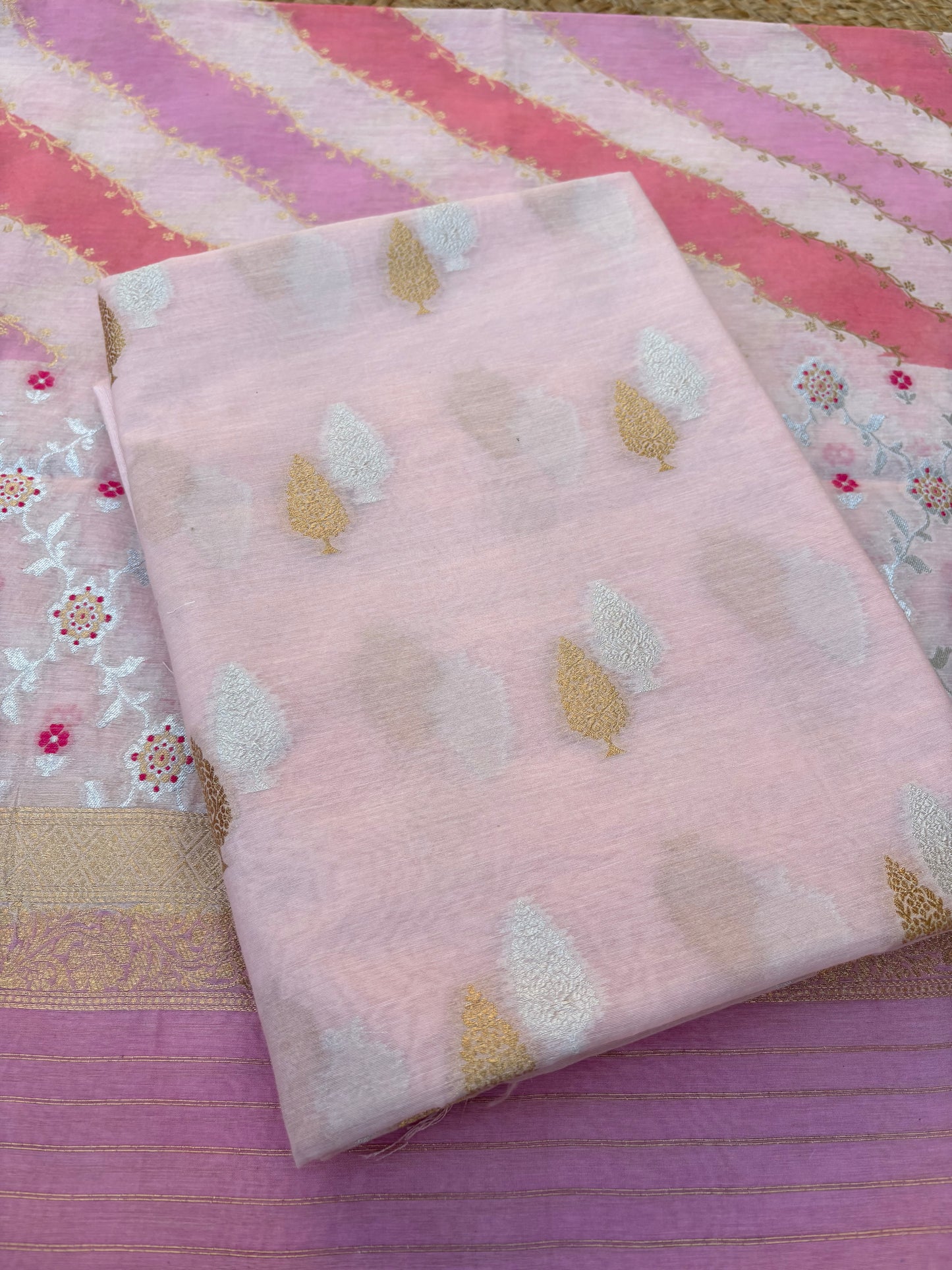 Pink Chanderi kurta, rangkat dupatta , plain bottom
