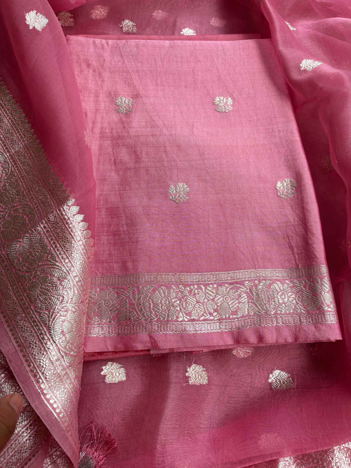 Pink silver zari Chiniya kora suit set