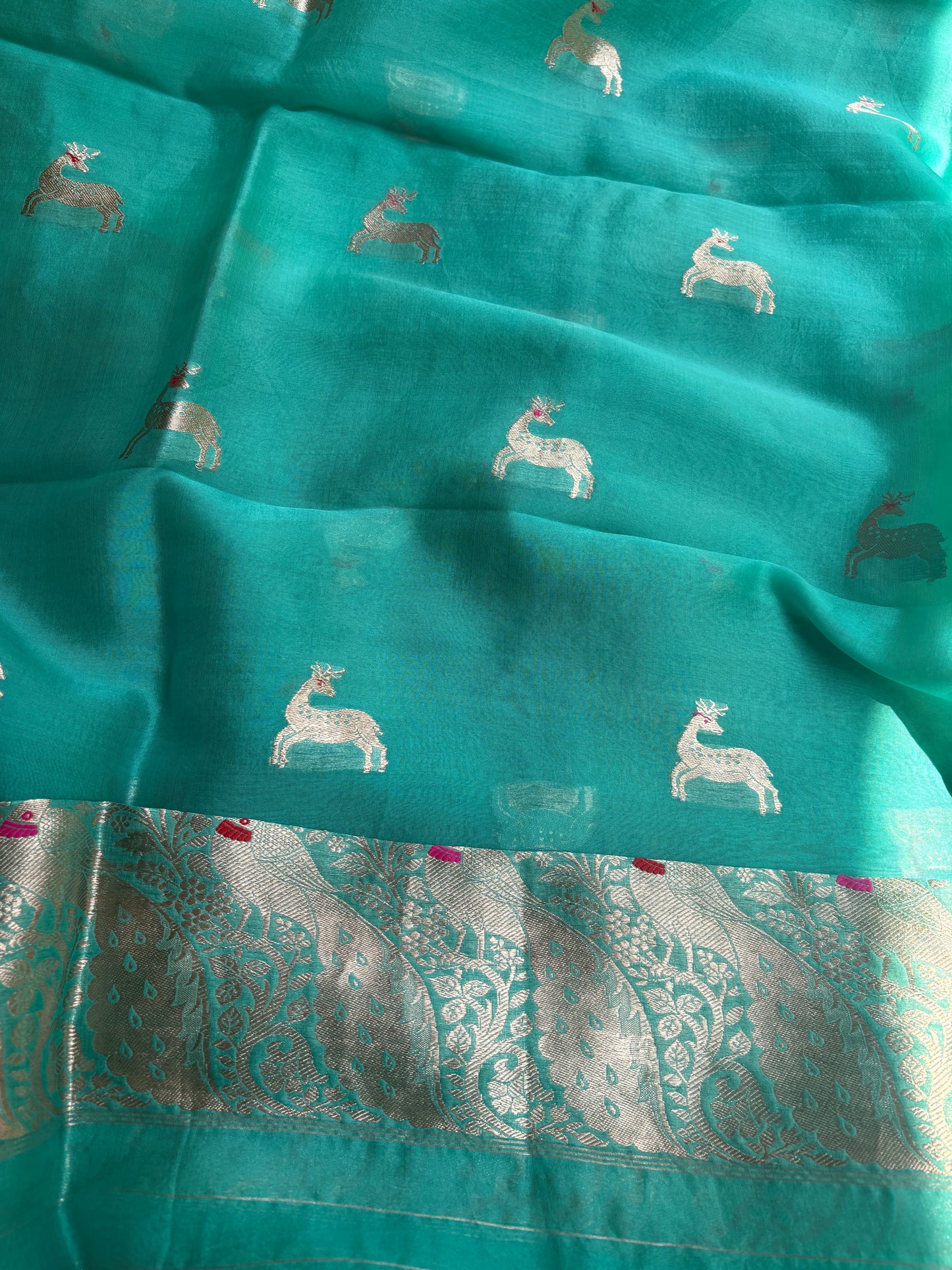 Blue raw silk Kurta, bottom , Kora silk deer motif dupatta