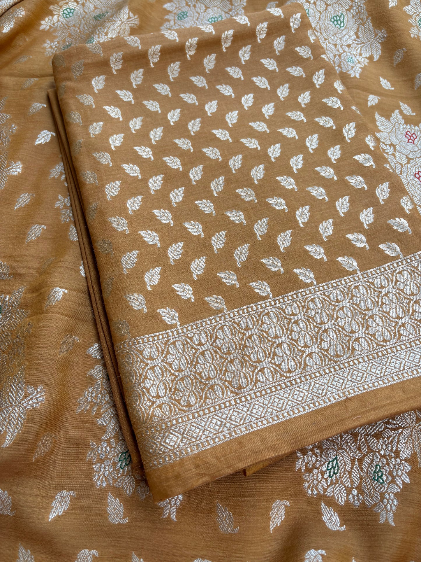 Mustard moonga silk kurta, meenadar Jaal dupatta, plain bottom