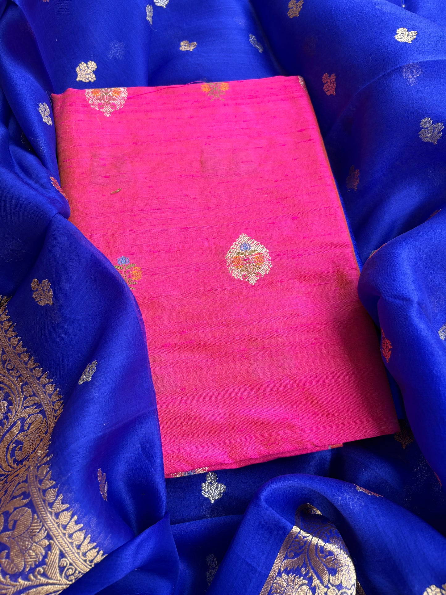 Pure raw silk kadhwa kurta, bottom and kora silk dupatta