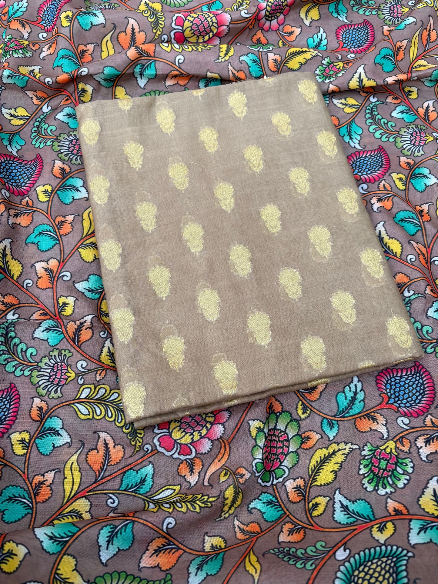 Beige cotton suit with digital printed dupatta