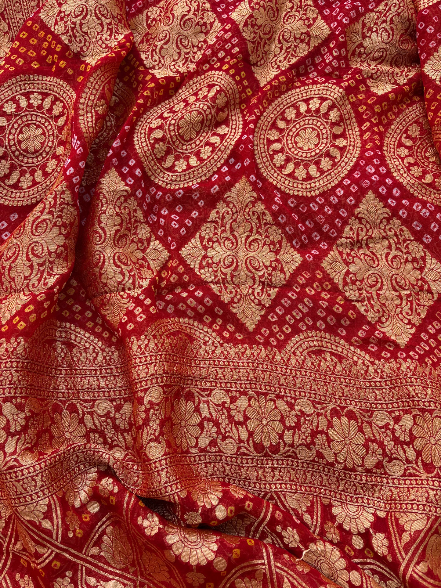 Red raw silk suit with bandhani dupatta
