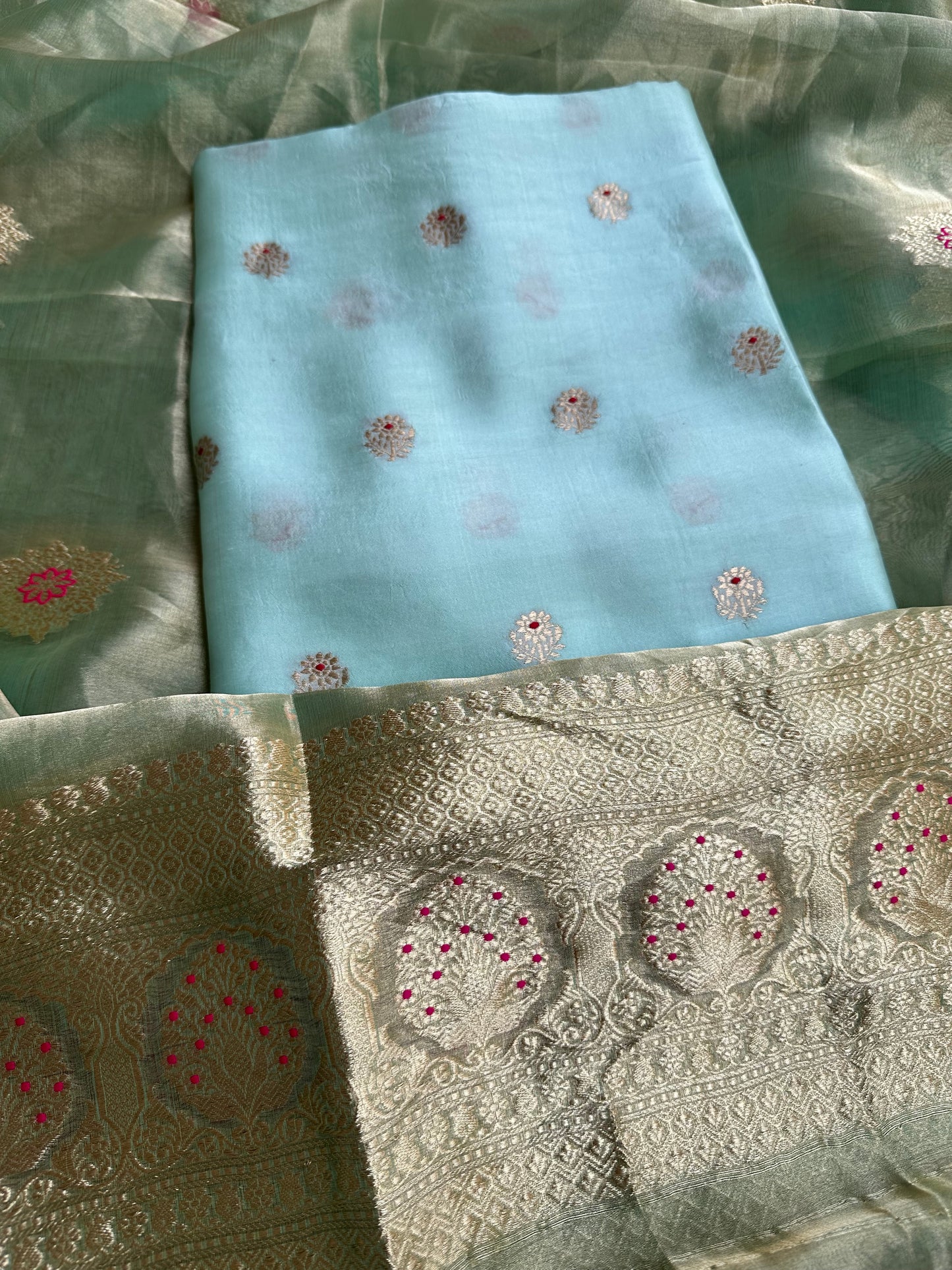 Sky blue chiniya silk kurta, bottom and tissue meendar dupatta