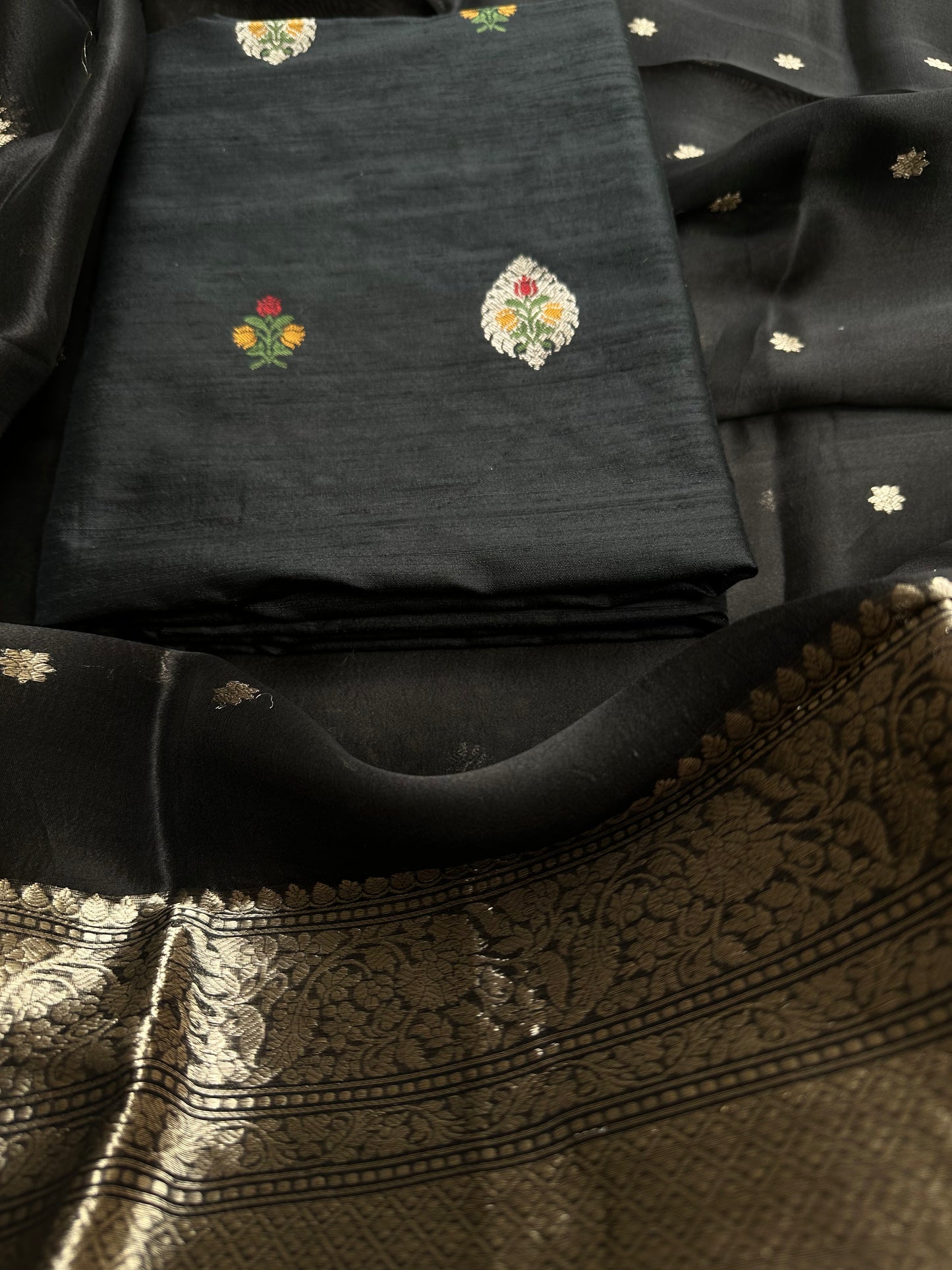 Black raw silk meenadar kurta, kora silk dupatta, plain bottom