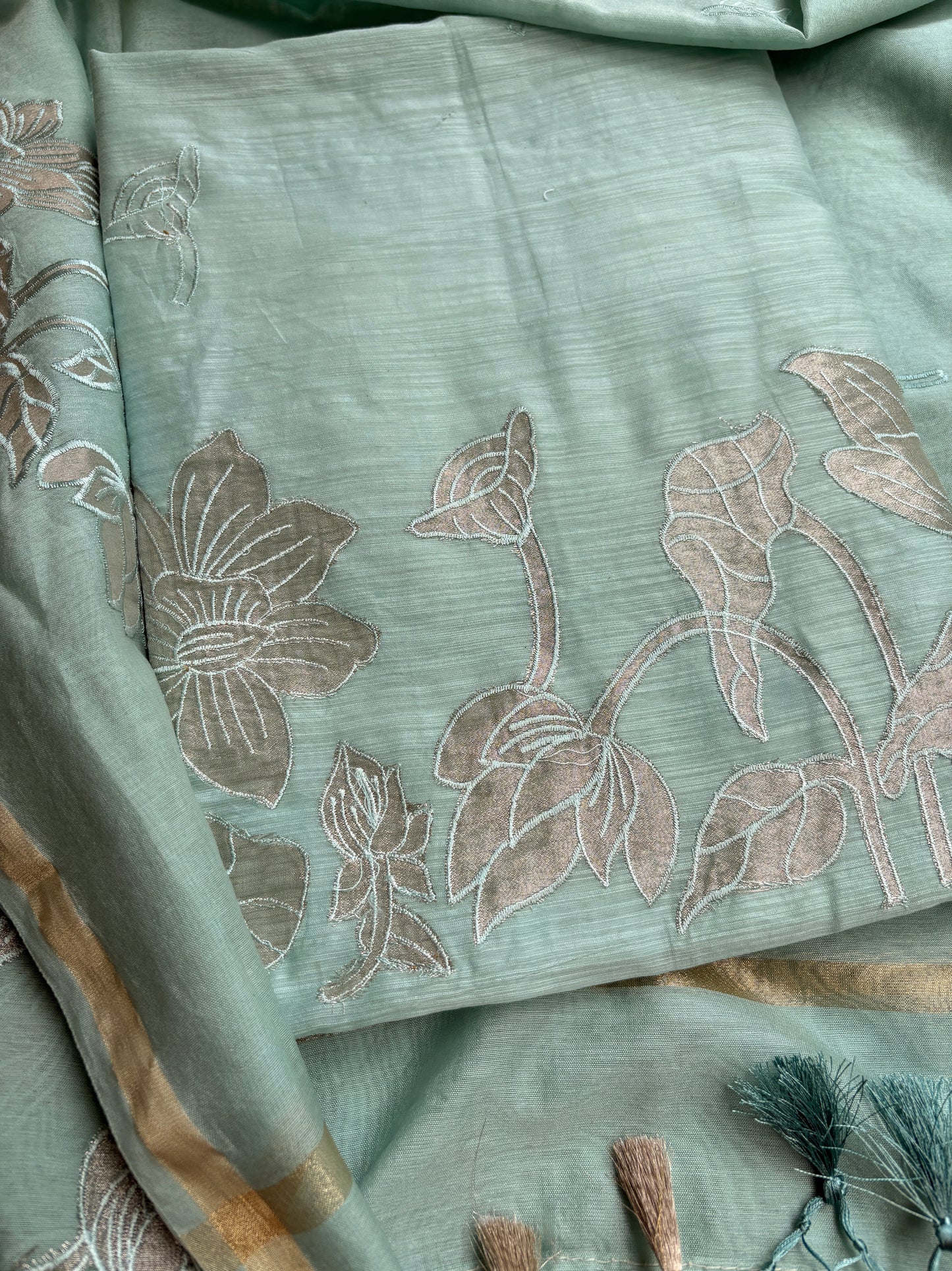 Green applique mul Chanderi 3 piece suit set