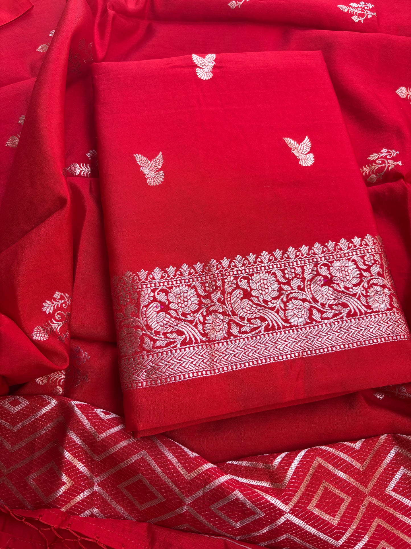 Red Chiniya silk 3 piece bird motif suit set