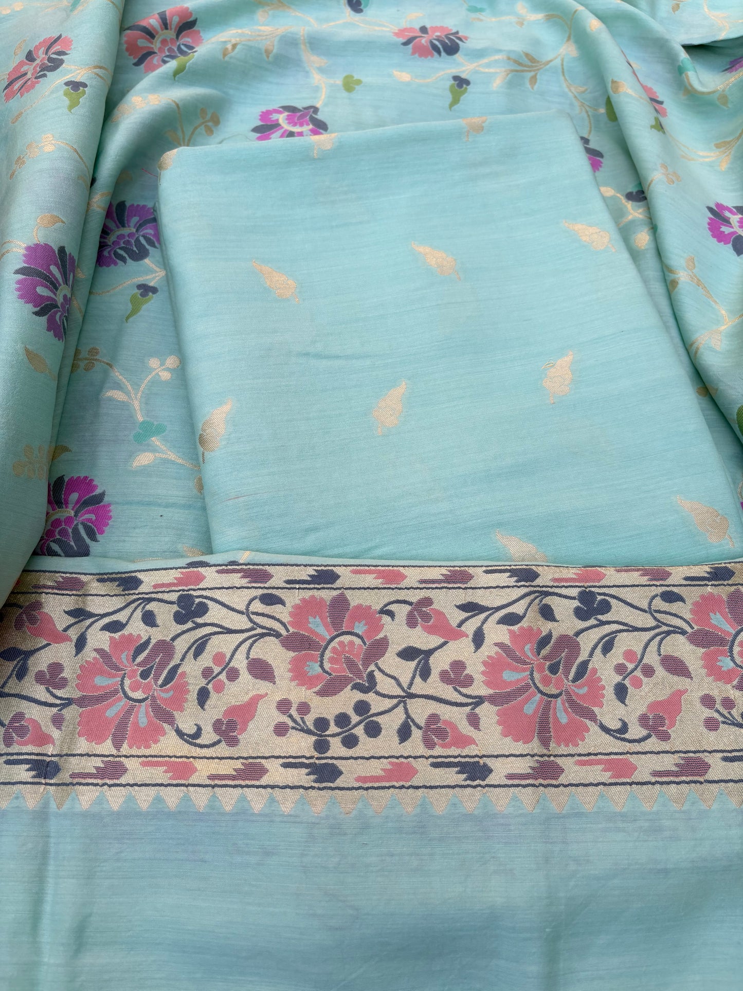 Turq moonga silk tilfi weaving kurta, jaal meenadar dupatta, plain bottom