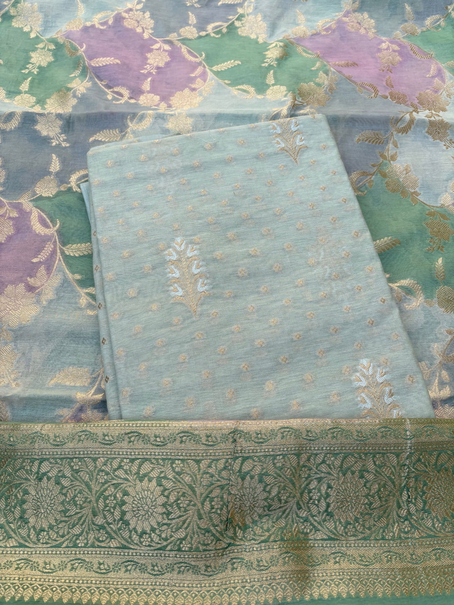 Turq Chanderi kurta, rangkat dupatta , plain bottom