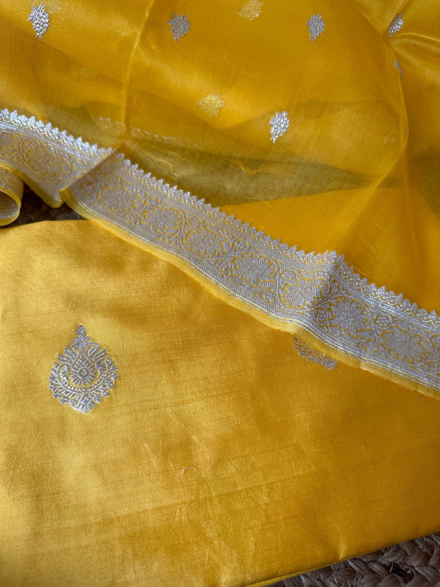 Yellow silver zari chiniya kurta, kora silk dupatta and plain bottom