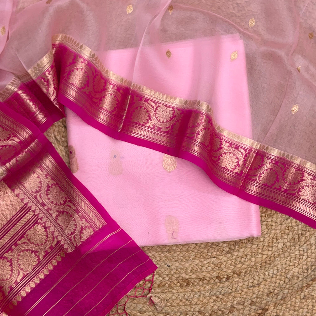 Pink Kora silk suit set with shaded dupatta