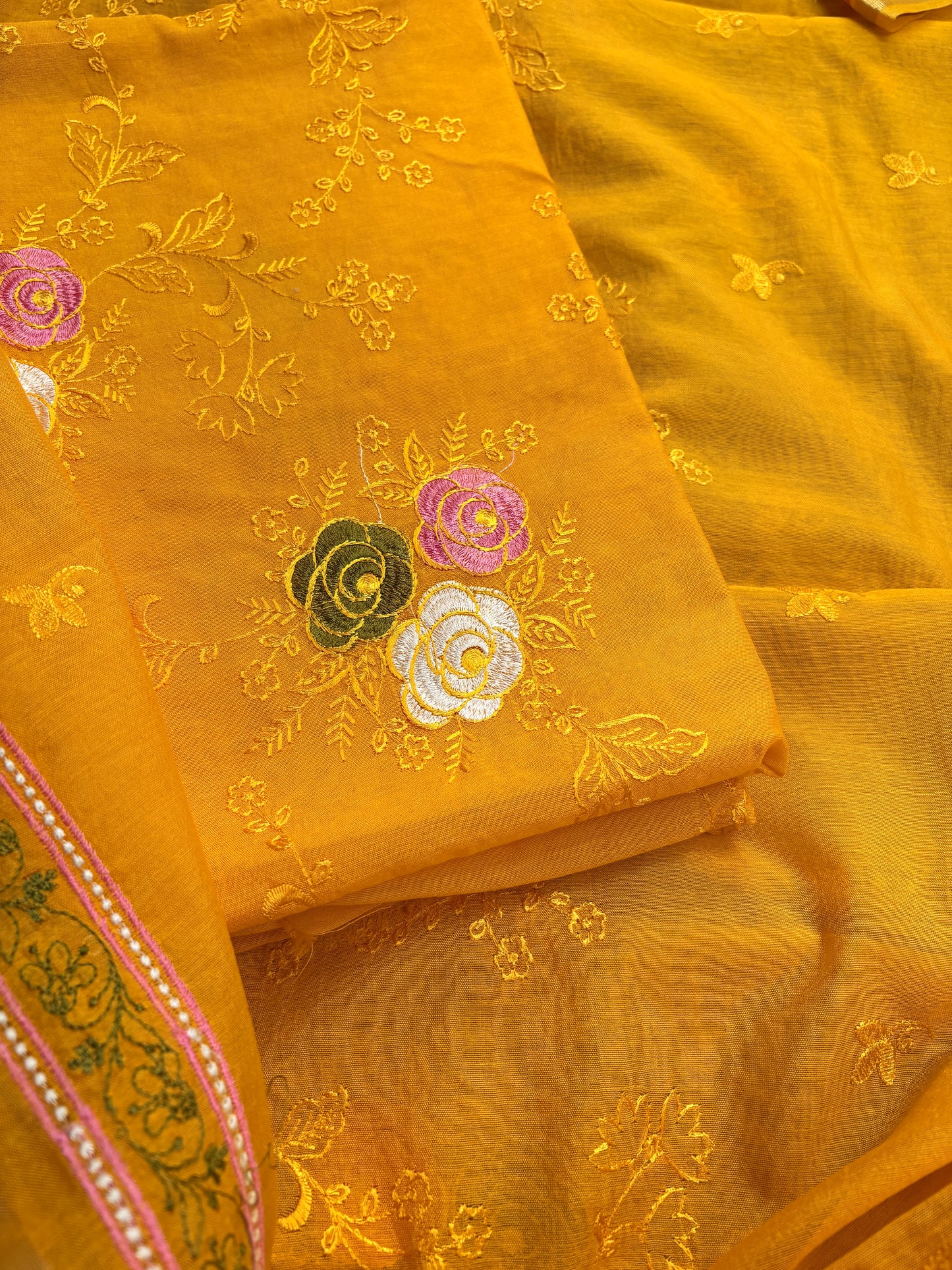 Yellow cotton embroidered suit set