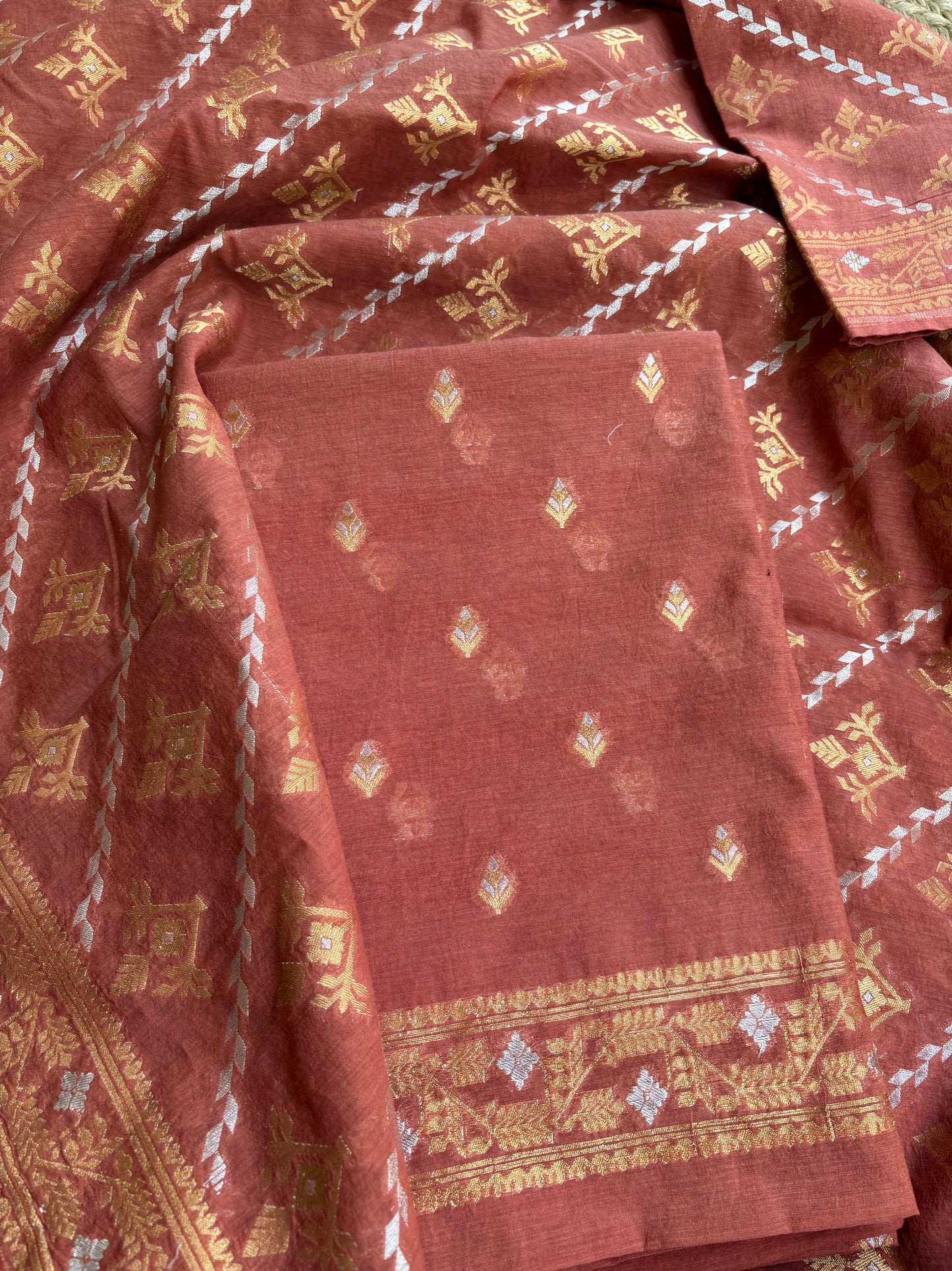 Rust jamdani weaving 3 piece suit set