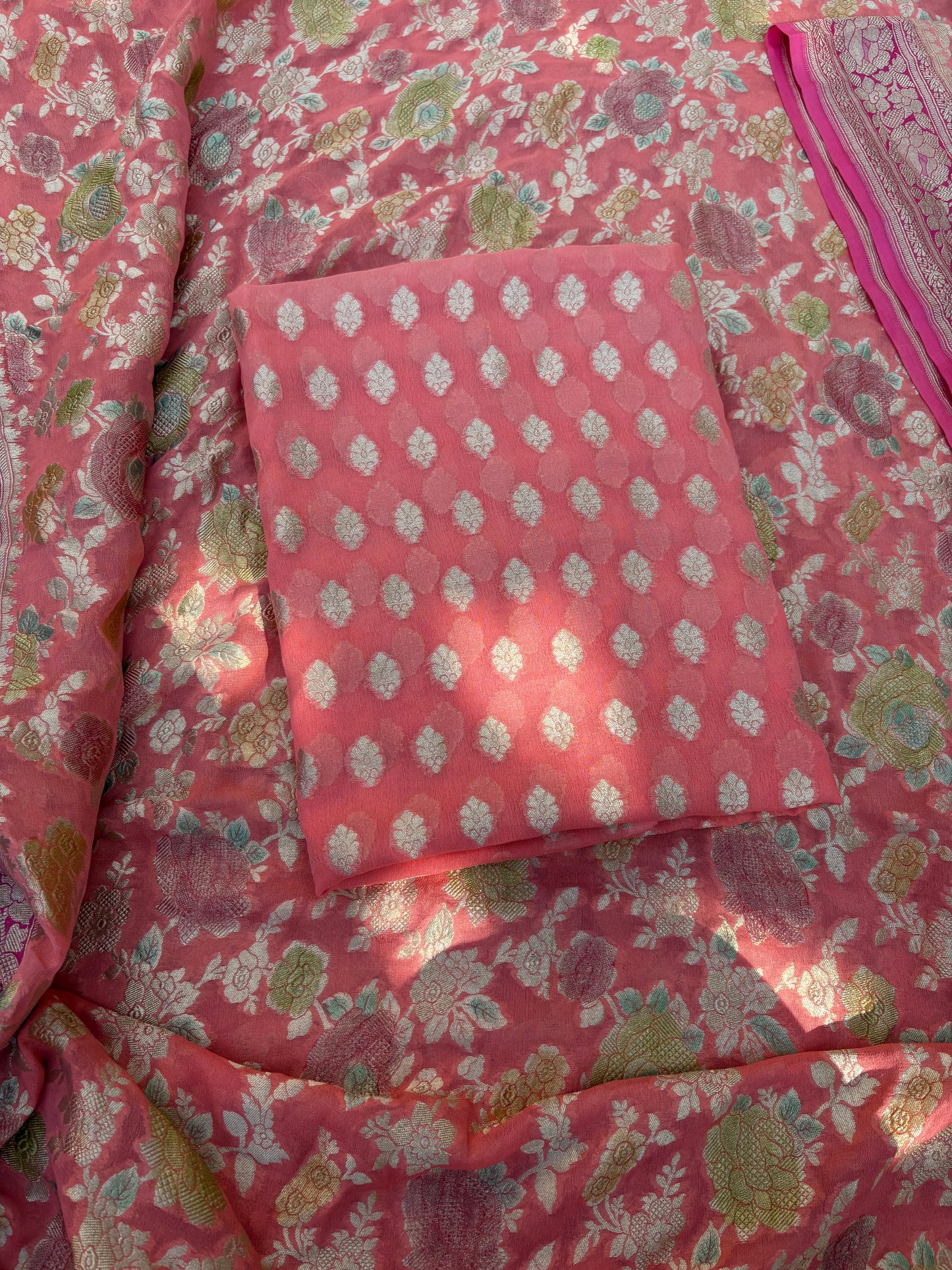 Peach Khaddi georgette, handbrushed dupatta, plain bottom