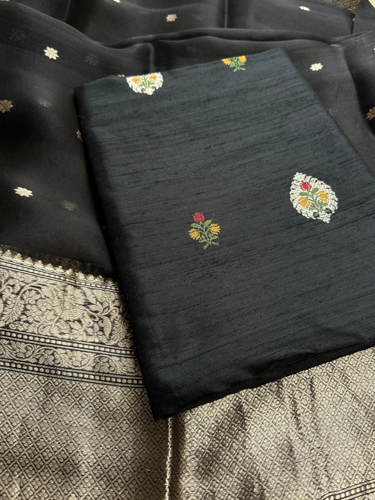 Black raw silk meenadar kurta, kora silk dupatta, plain bottom