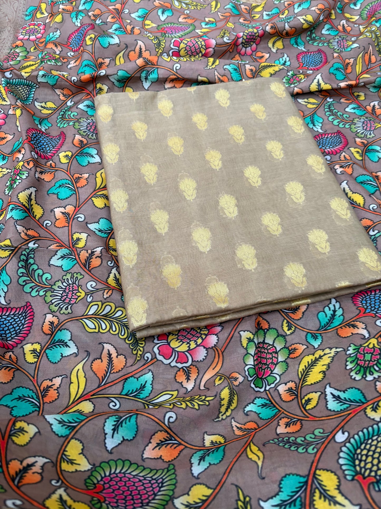 Beige cotton suit with digital printed dupatta