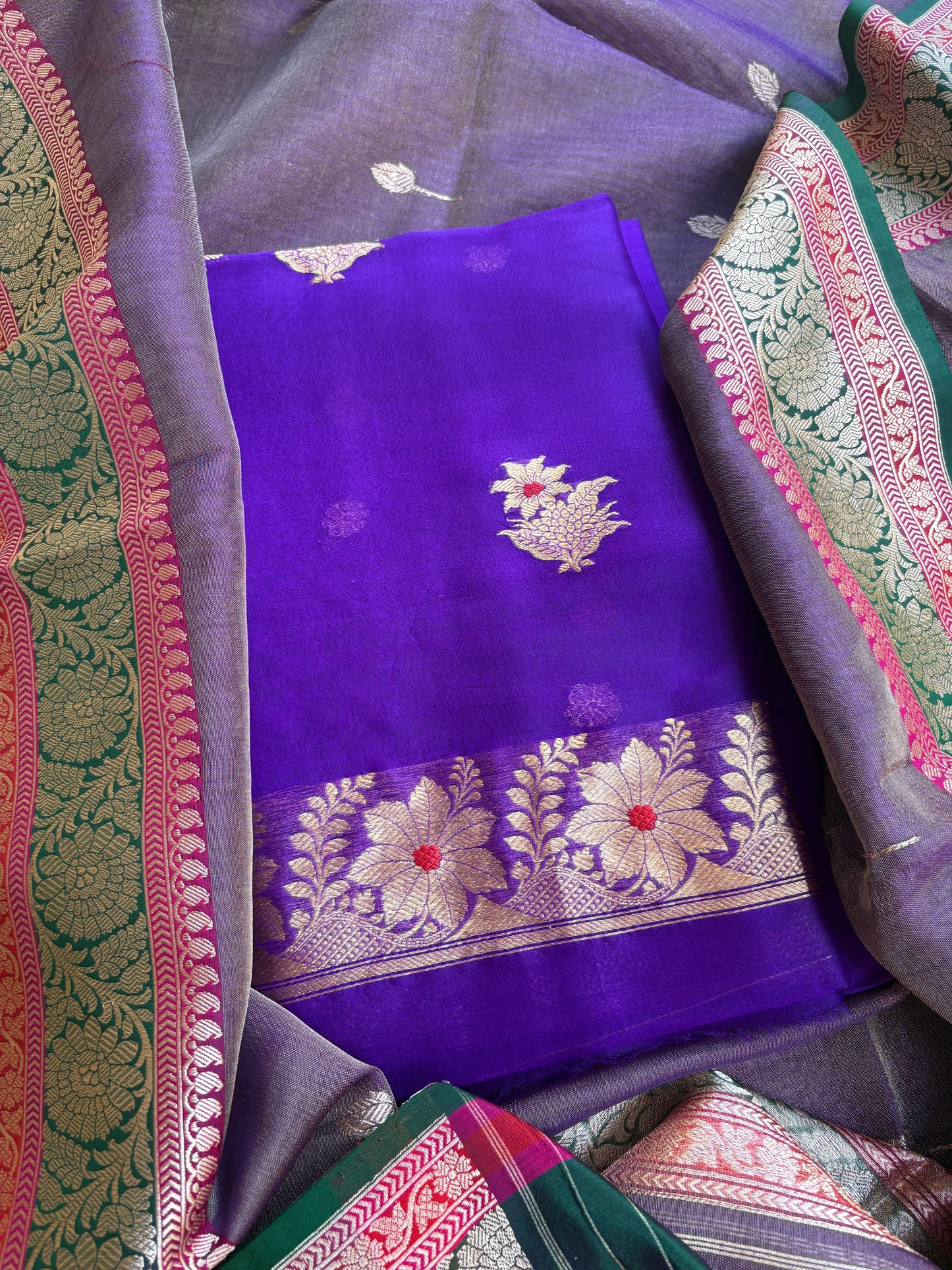 Purple kora kurta, kadhwa kora tissue dupatta, pure silk bottom