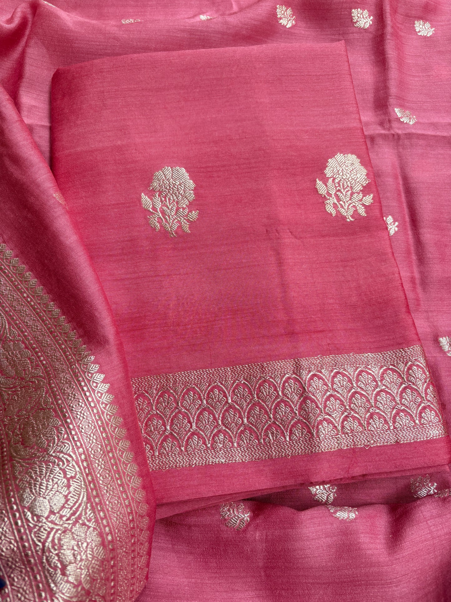 Peach moonga silk silver zari suit set