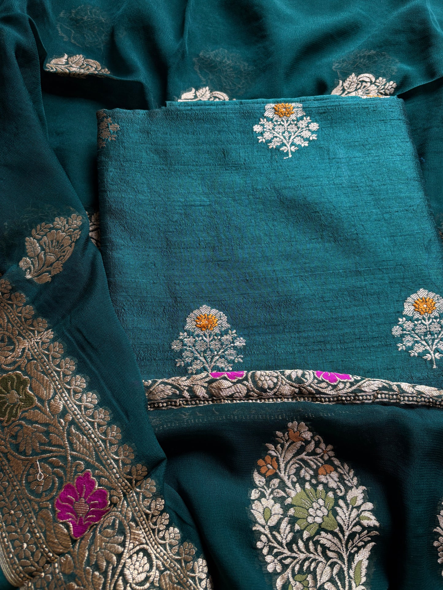 Green raw silk meenadar Kurta, bottom , Khaddi georgette dupatta