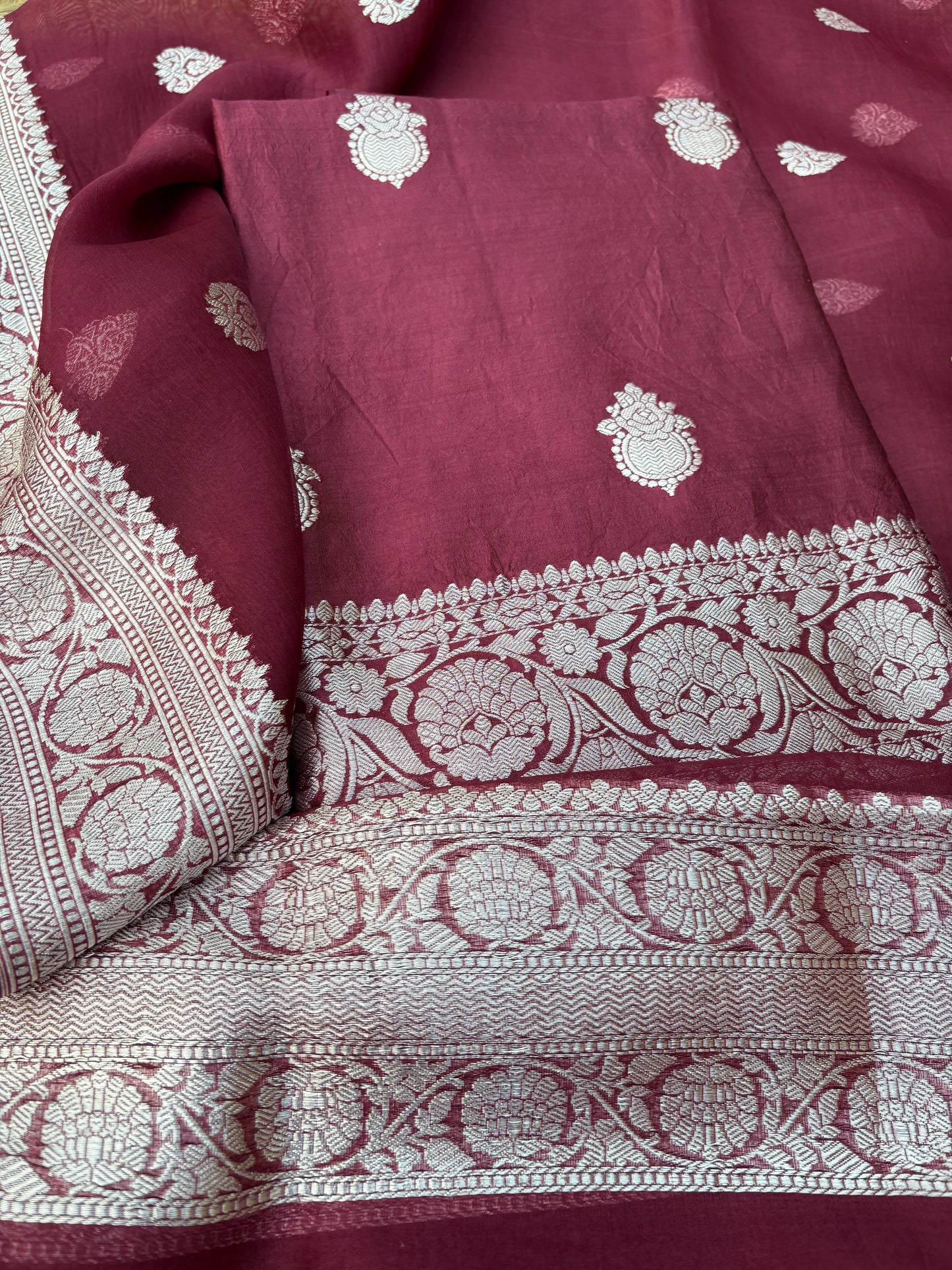 Maroon Chiniya kora silk kadhwa silver zari suit set