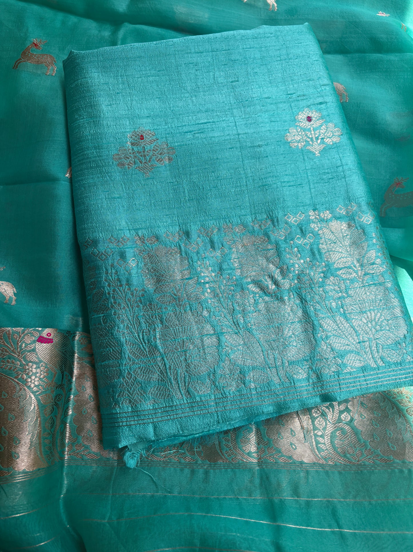 Blue raw silk Kurta, bottom , Kora silk deer motif dupatta