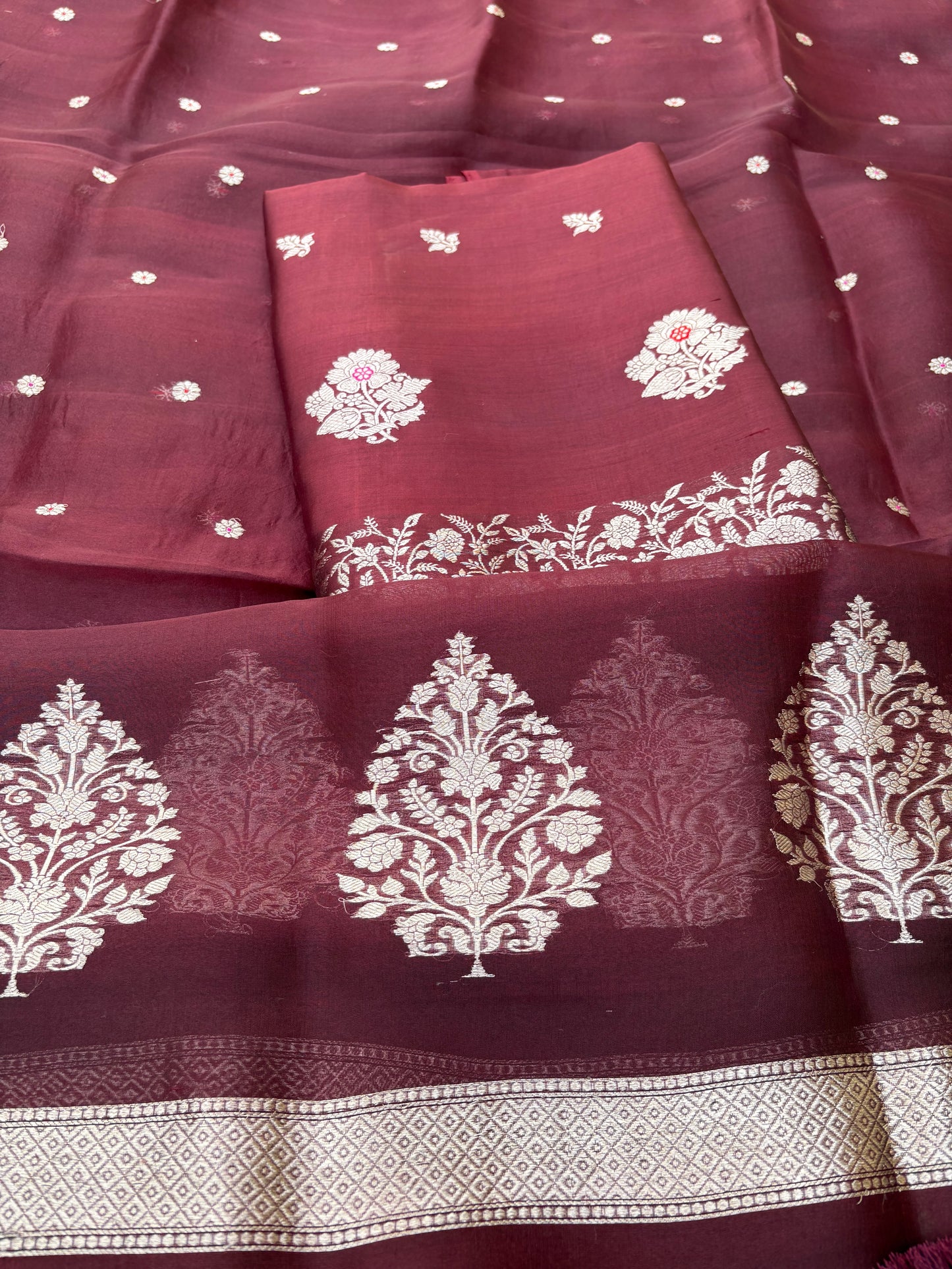 Wine maroon raw mango silk kurta, bottom , kora silk dupatta