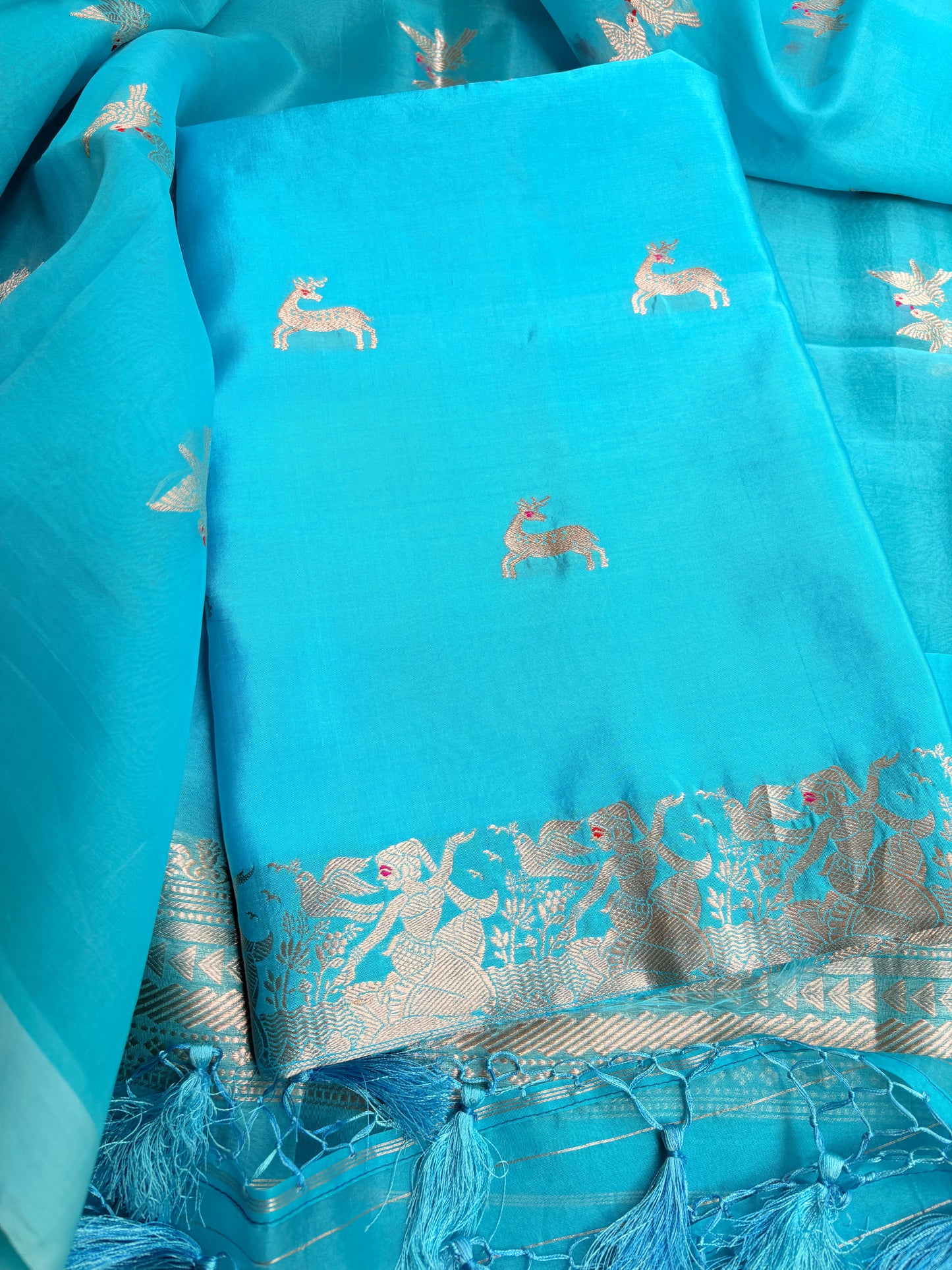 Blue pure silk kadhwa motif suit set