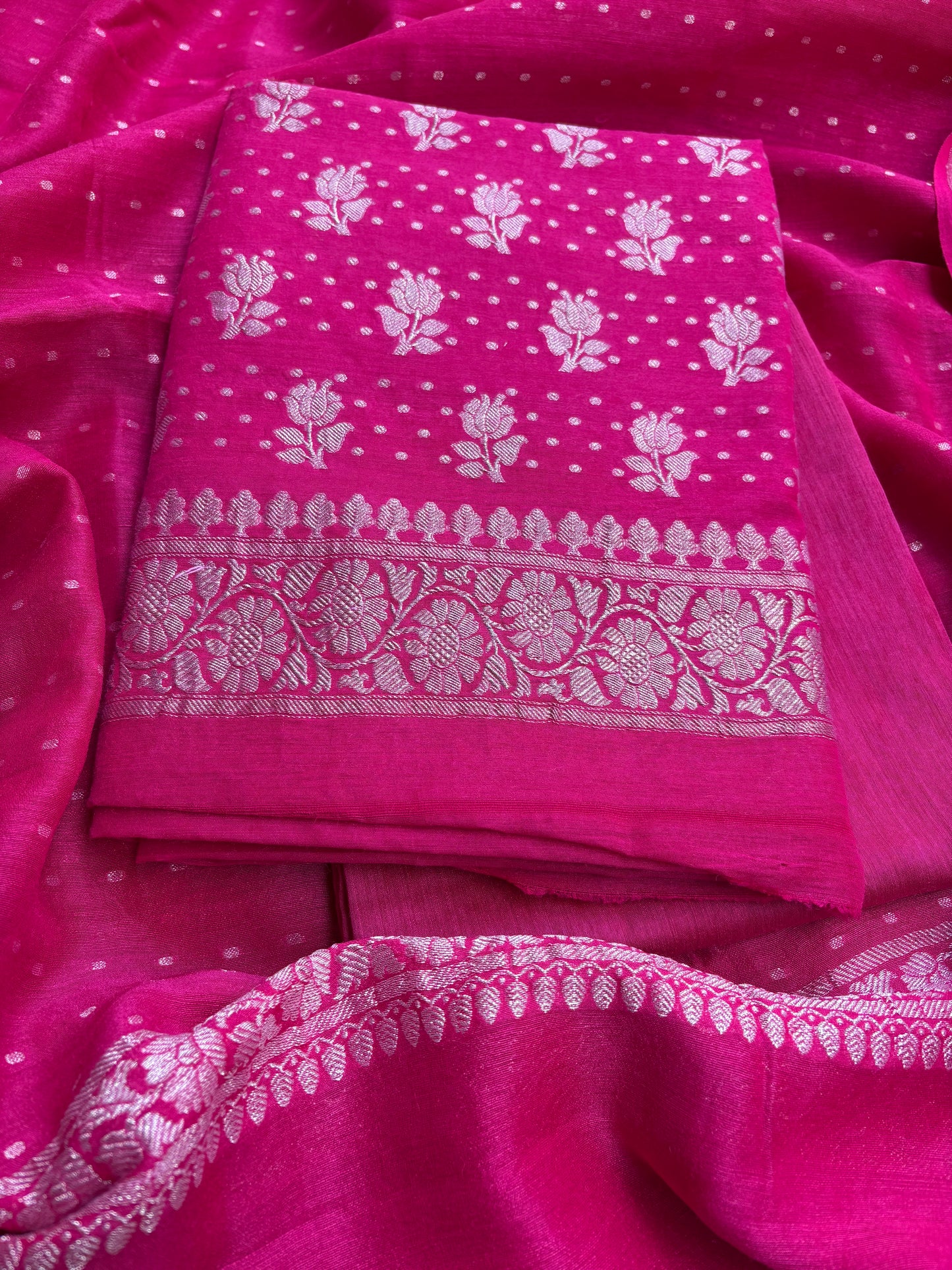 Rani pink moonga chiffon 3 piece suit set