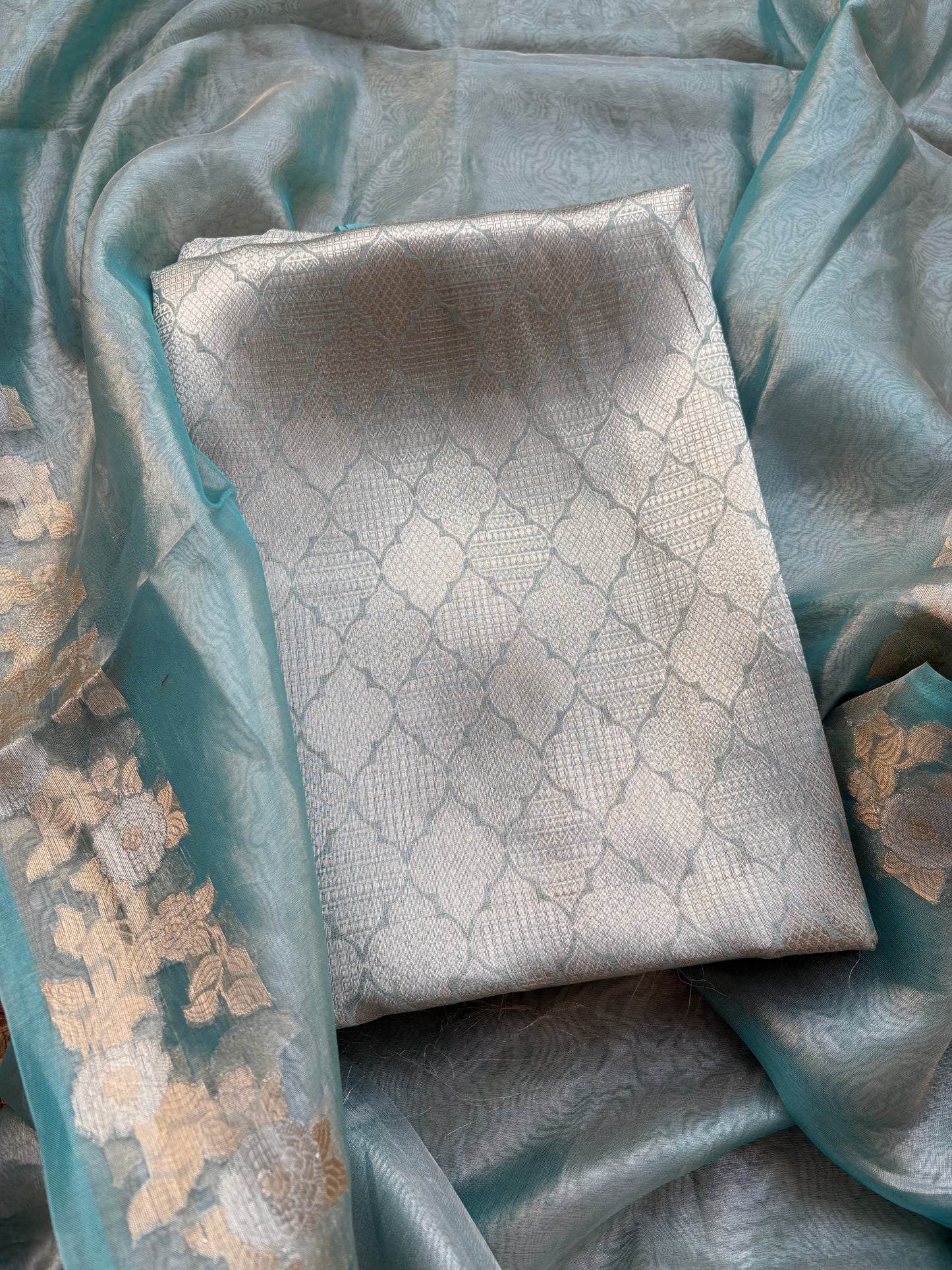 Blue pure tissue brocade silk suit set