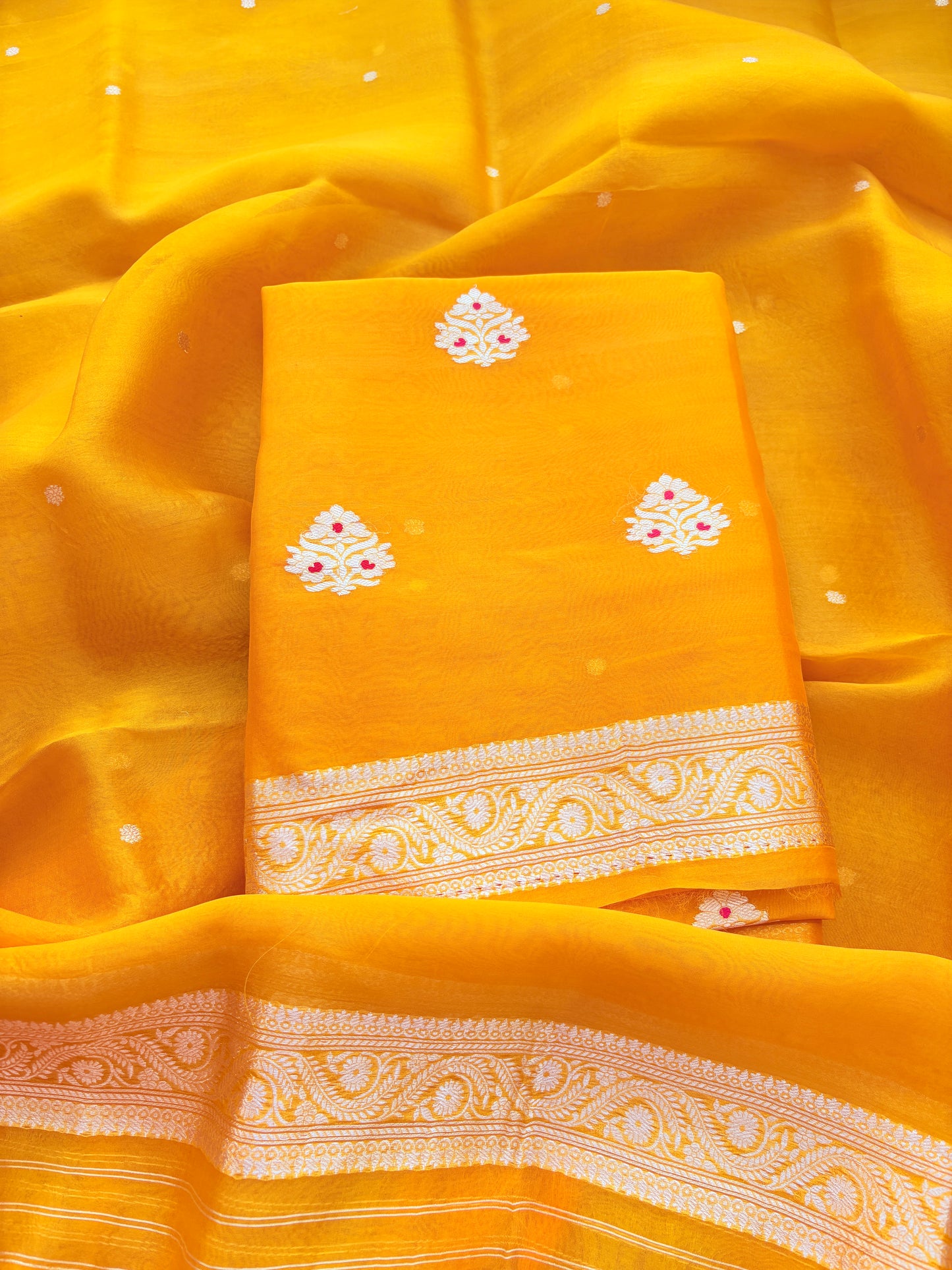 Yellow kora kadhwa silk suit set