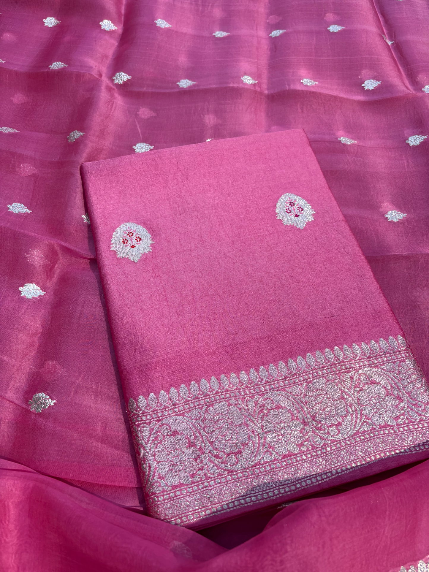 Pink Chiniya silver zari kurta, kora silk dupatta, plain bottom