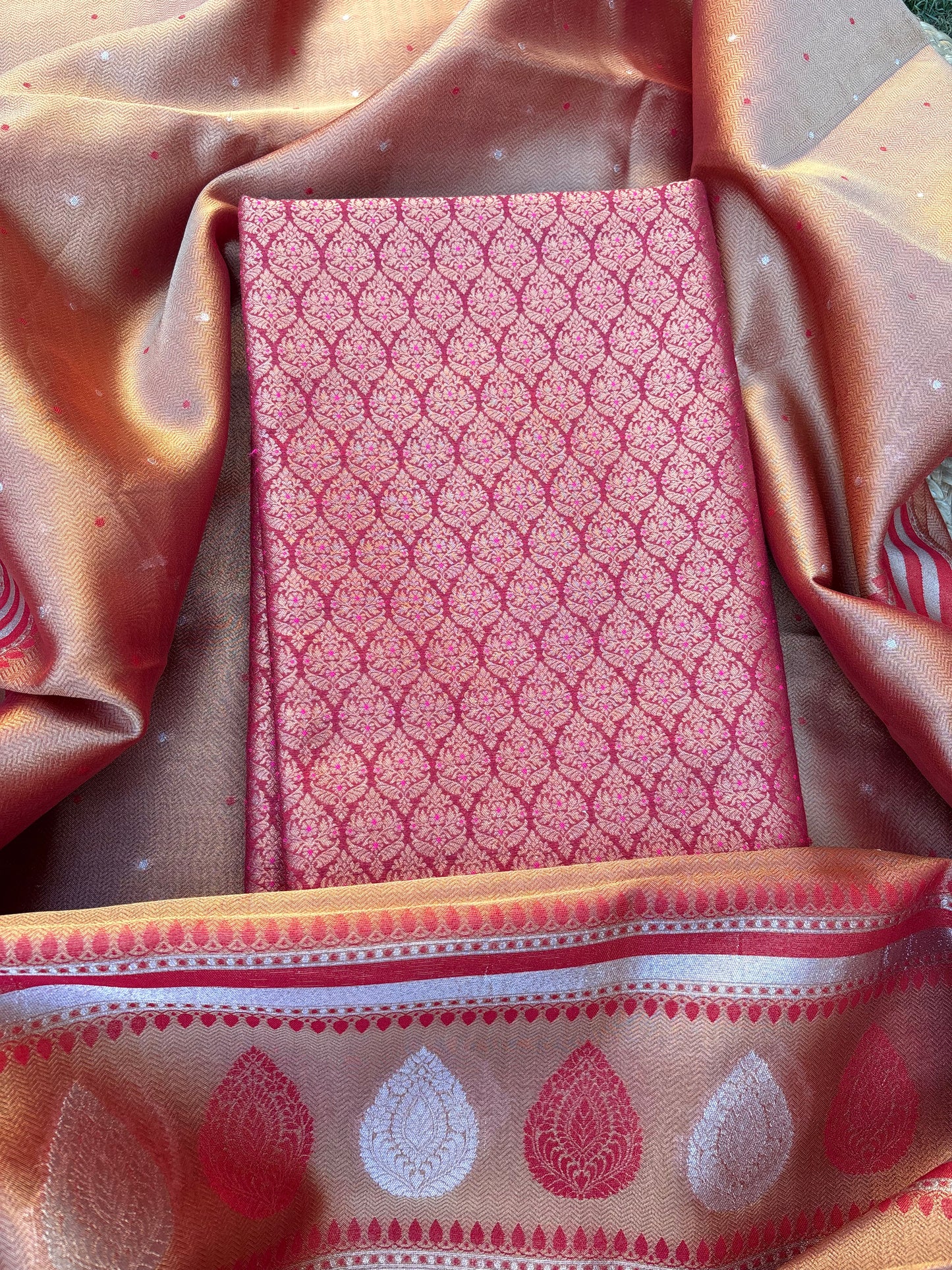 Maroon brocade cotton tissue suit set