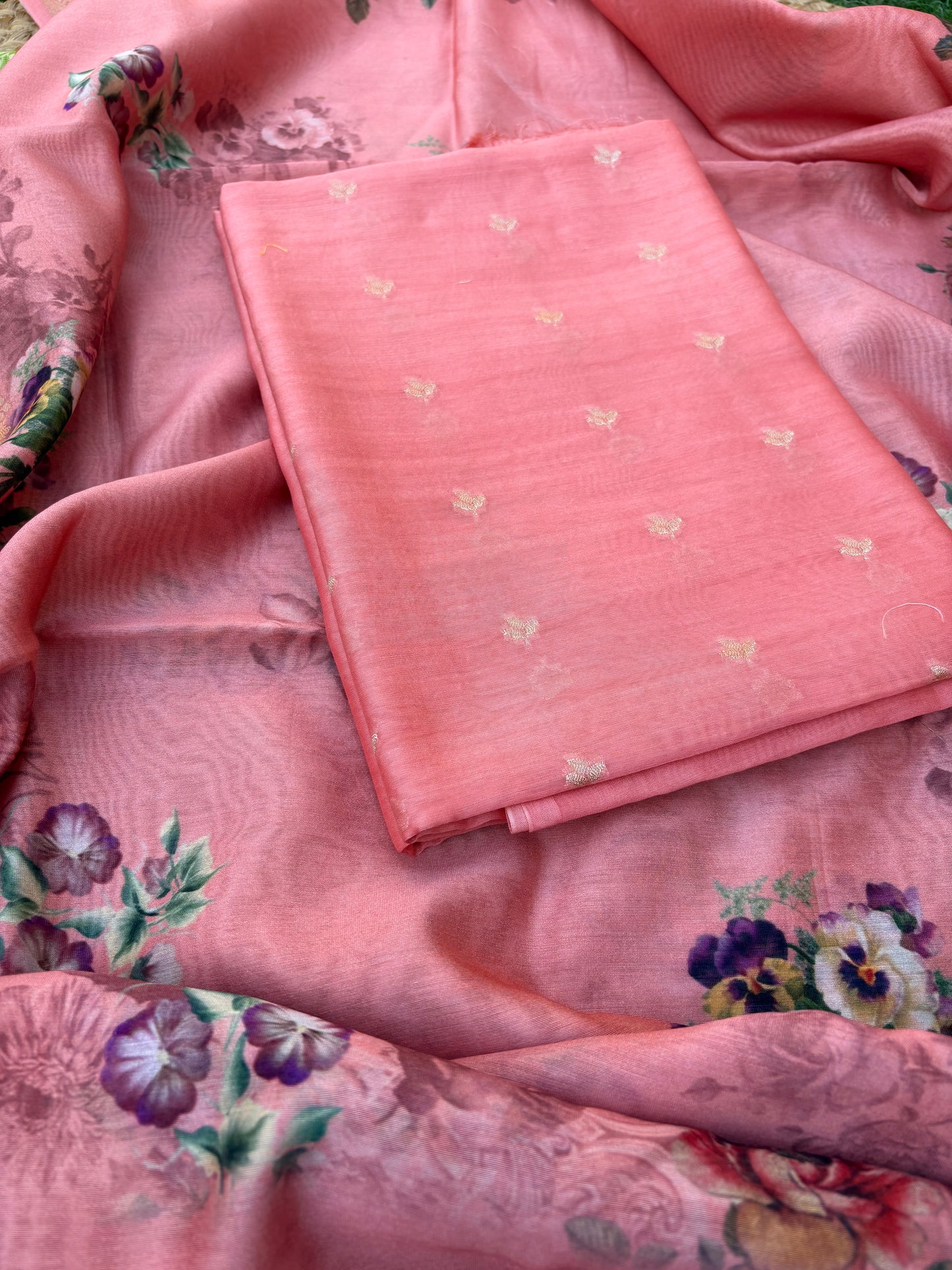 Peach mul Chanderi 3 piece Suit set