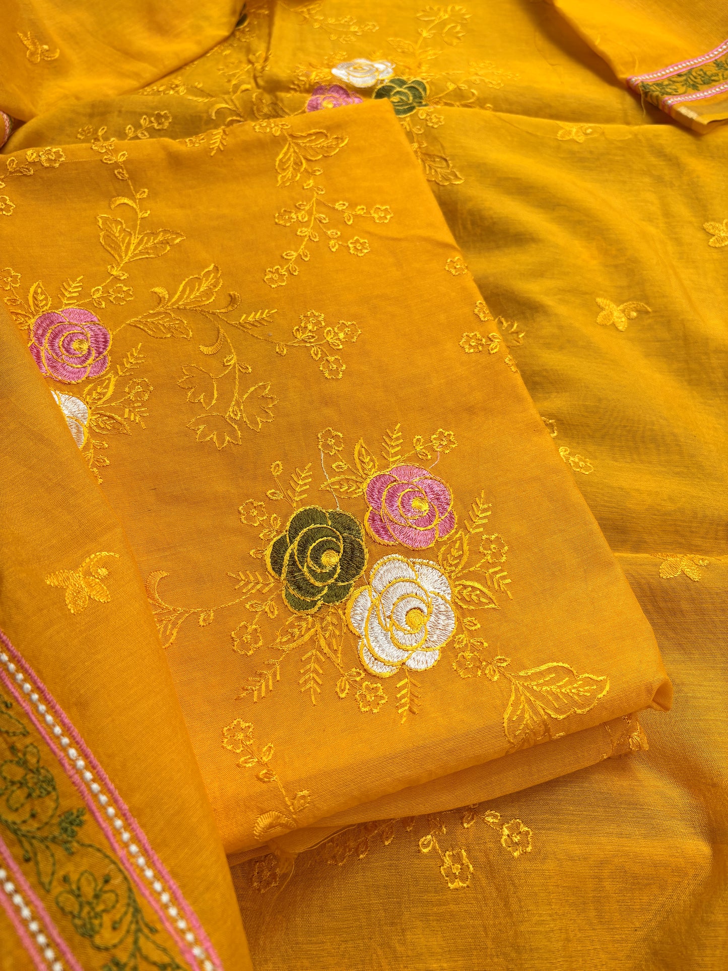 Yellow cotton embroidered suit set
