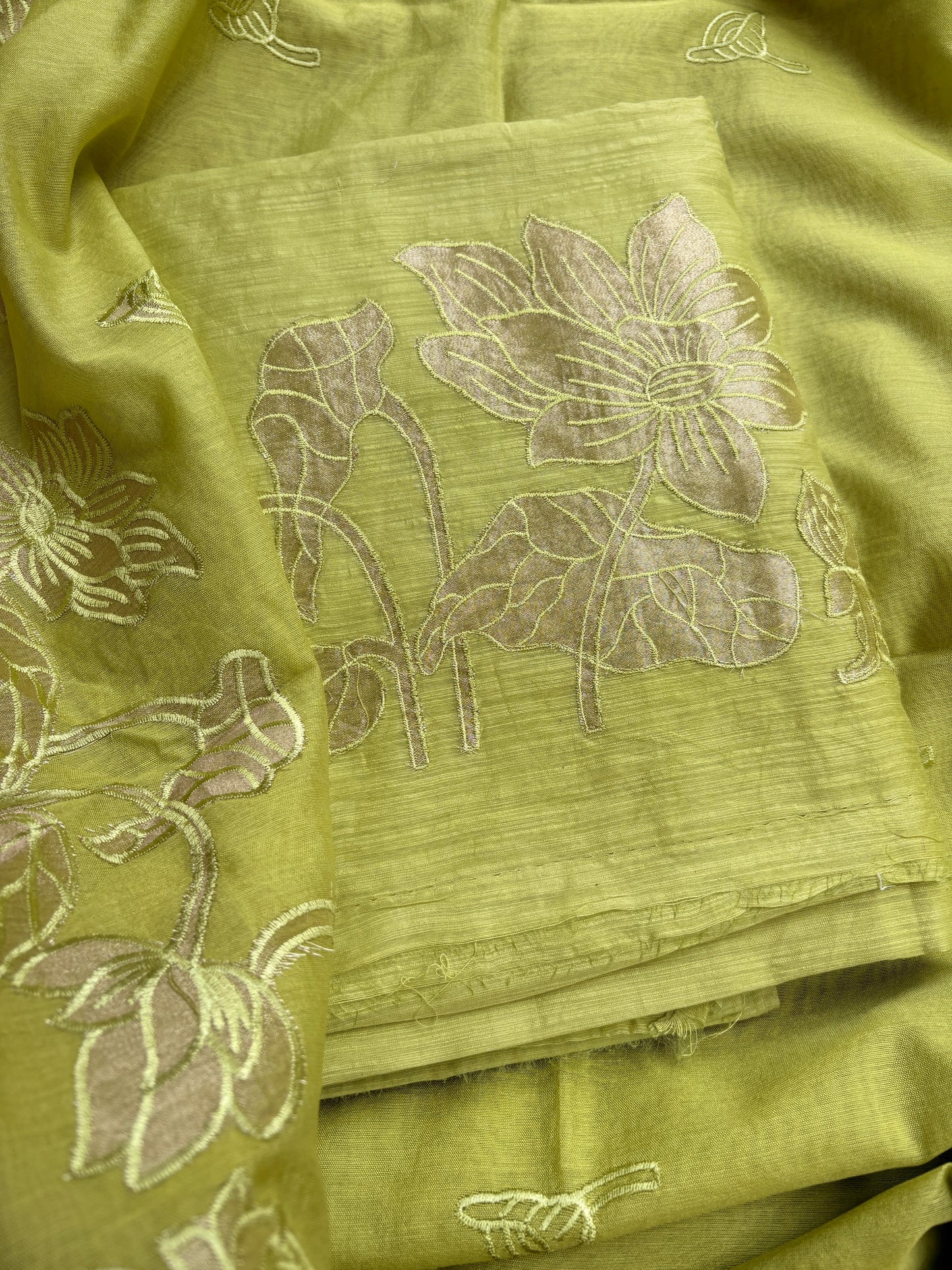 Yellow mul Chanderi appliqué work suit set