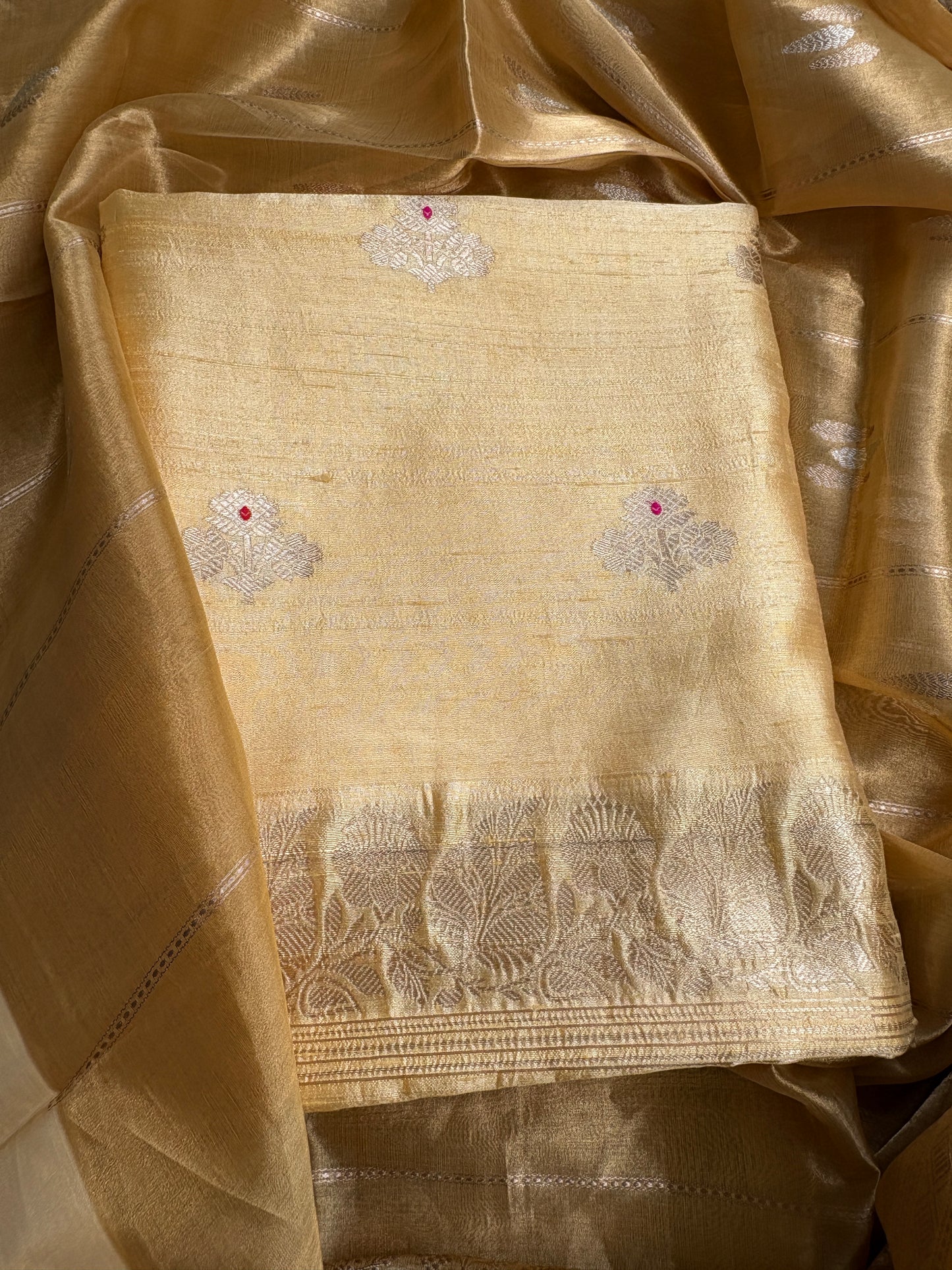 Yellow raw silk kurta, bottom and tissue kadhwa dupatta