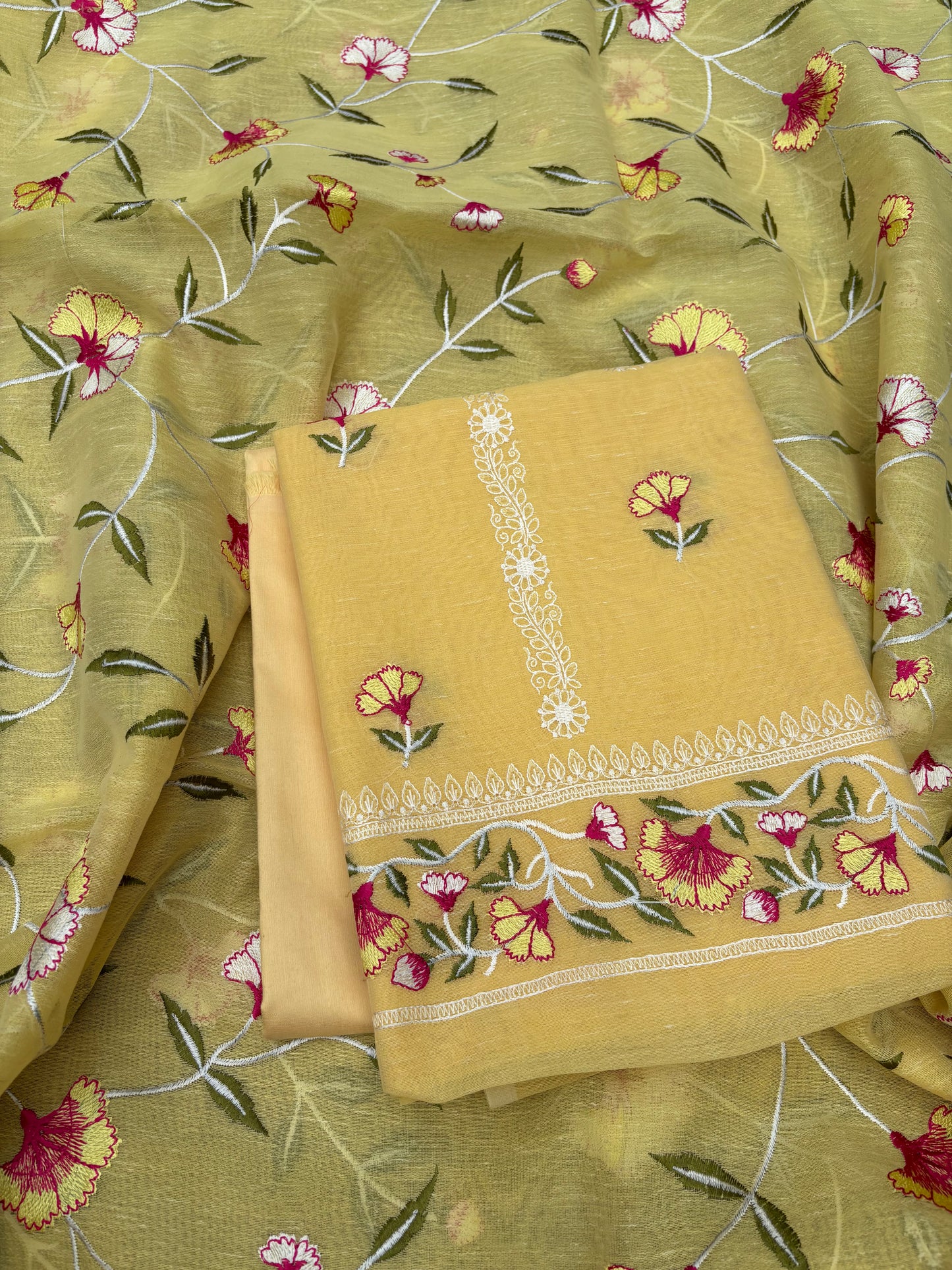 Yellow cotton linen embroidered 3 piece suit set