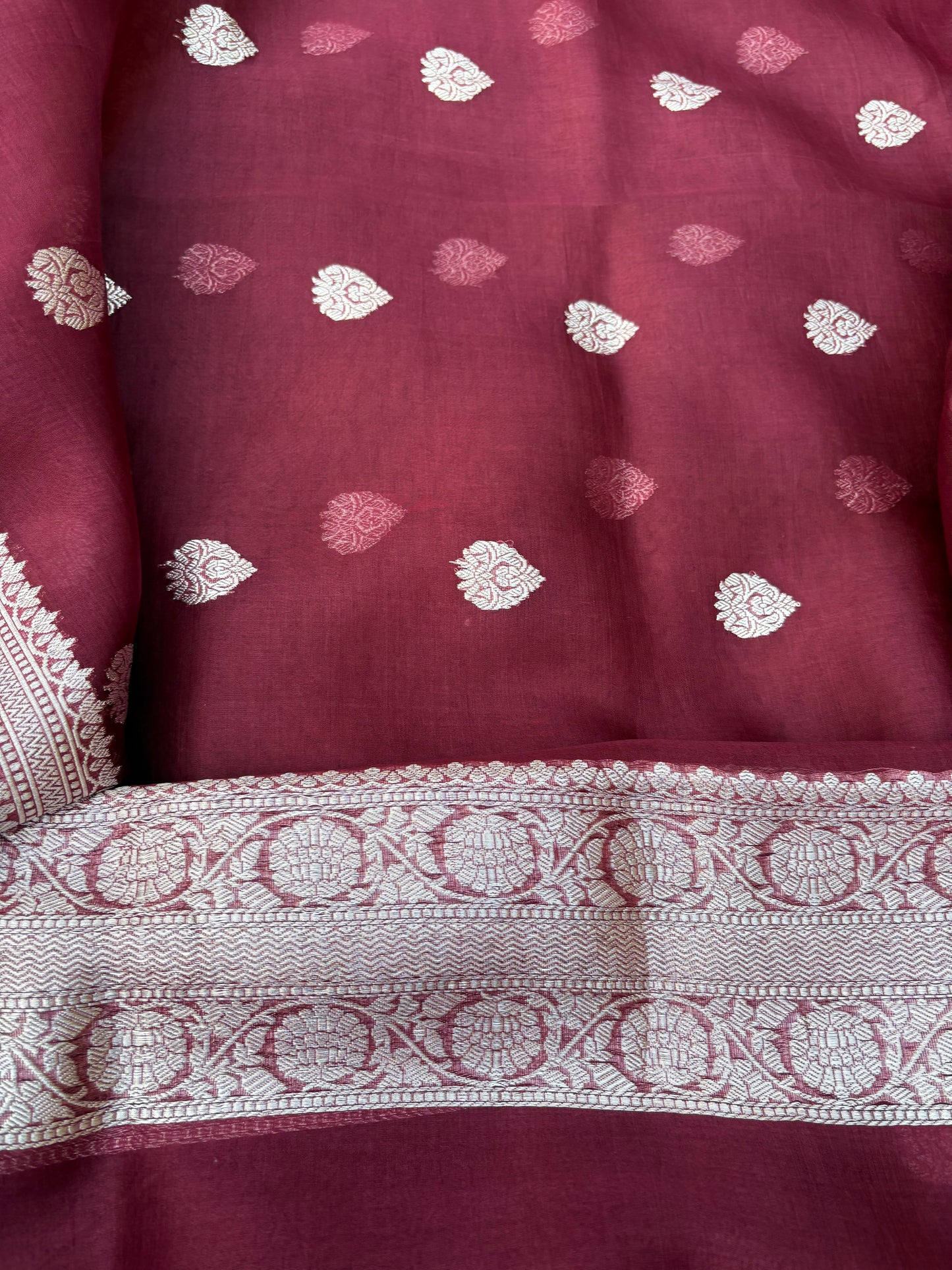 Maroon Chiniya kora silk kadhwa silver zari suit set