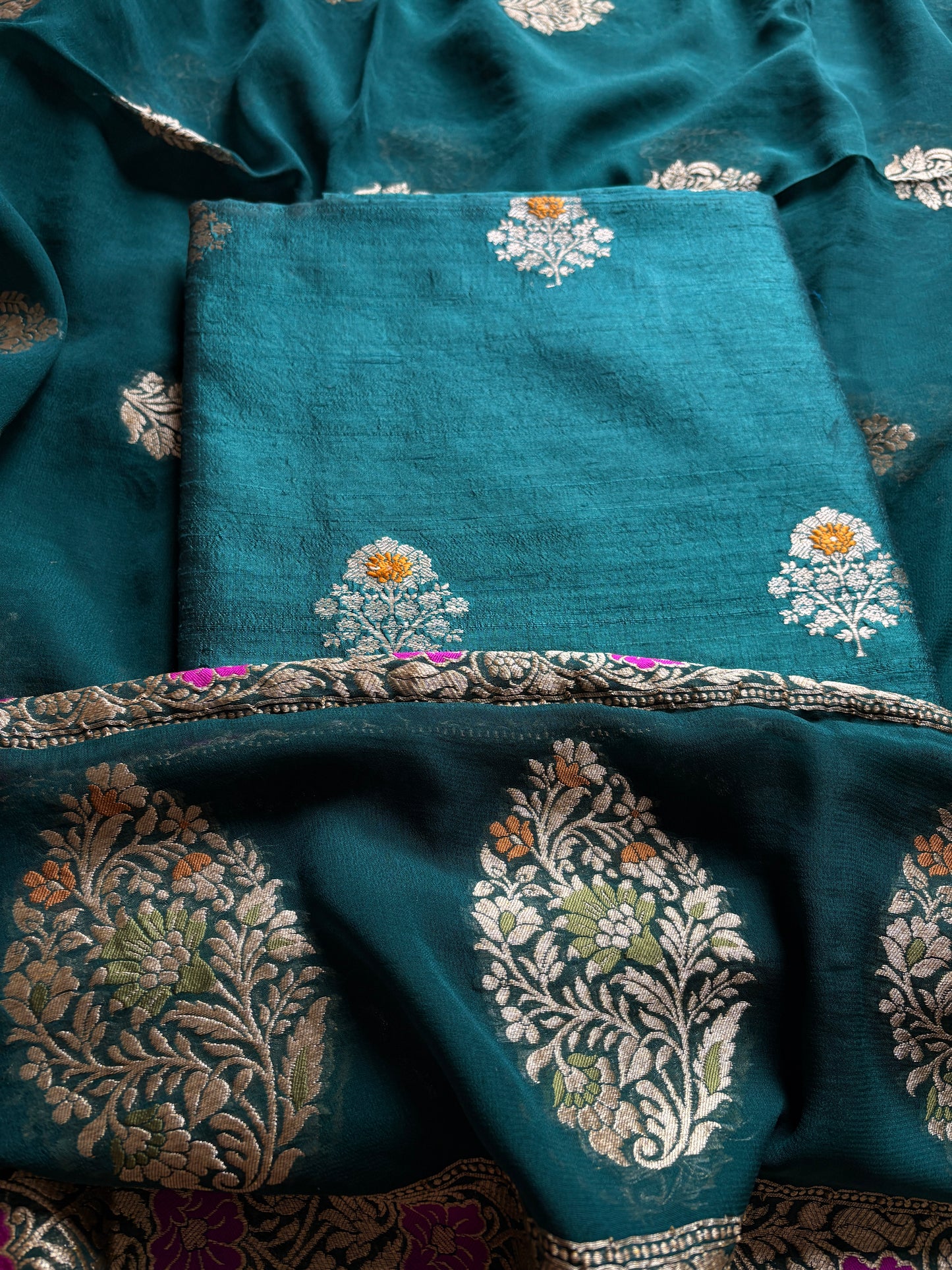 Green raw silk meenadar Kurta, bottom , Khaddi georgette dupatta