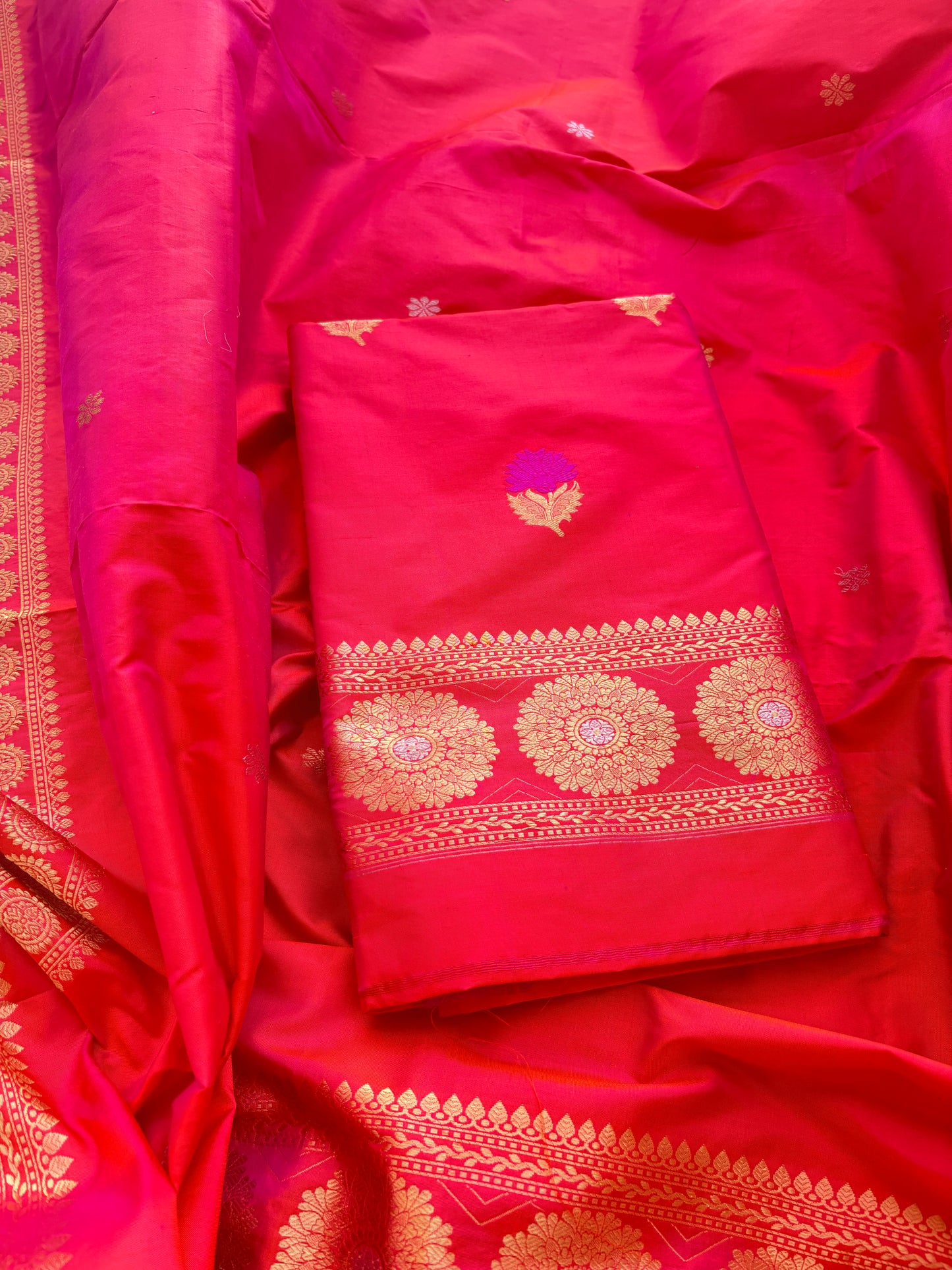 Red pink katan by katan silk kadhwa suit set