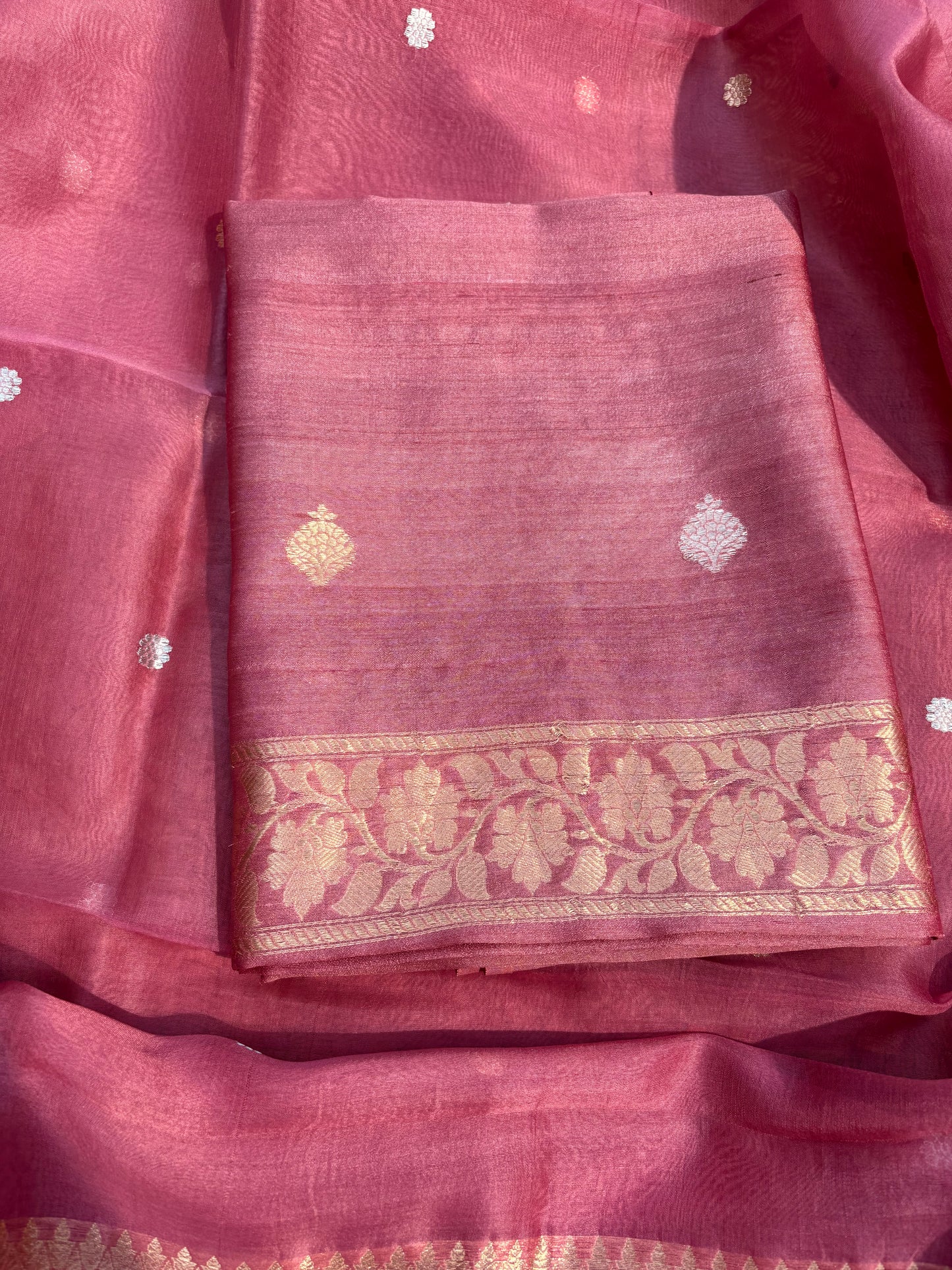 Pink tussar silk kurta, kora silk dupatta, plain silk bottom