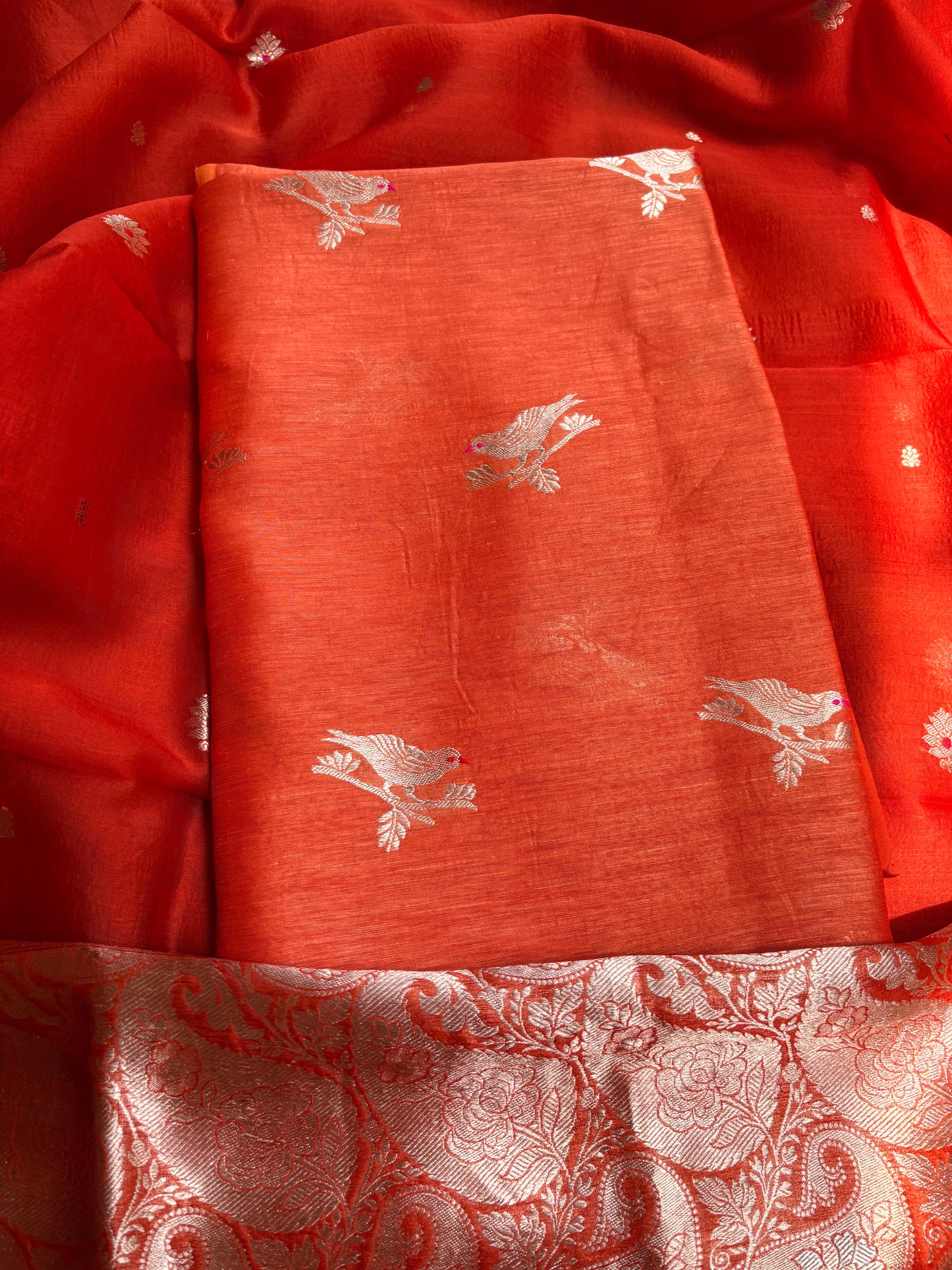 Orange linen silk kurta, bottom , kora silk dupatta