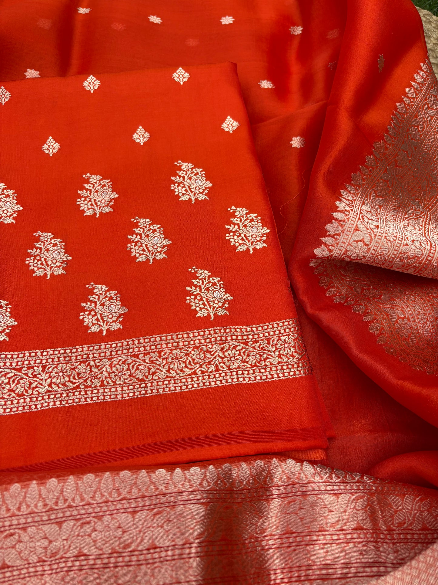 Orange kora kadhwa silk 3 piece suit set